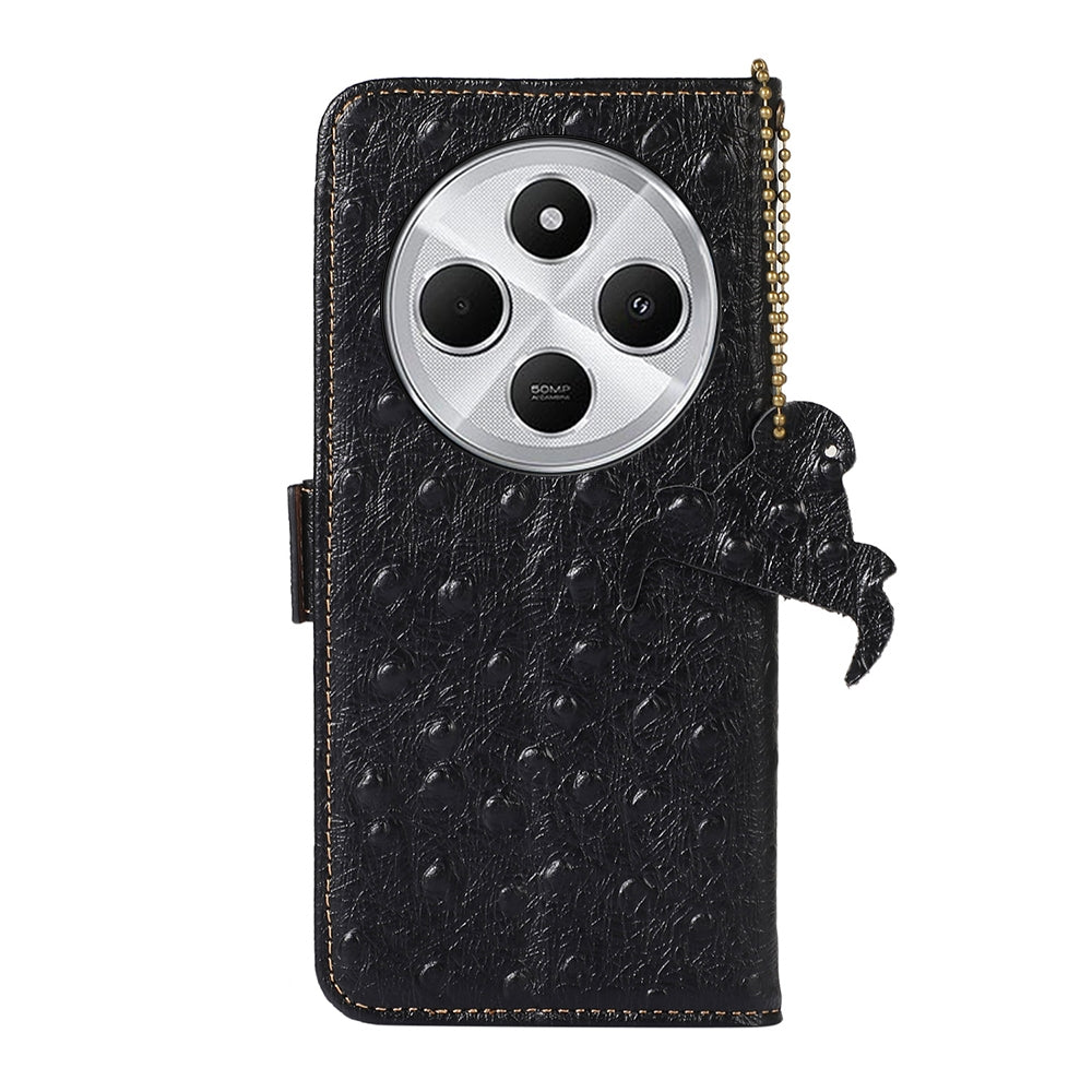 For Redmi 14C 4G Ostrich Pattern Genuine Leather RFID Phone Case(Black)