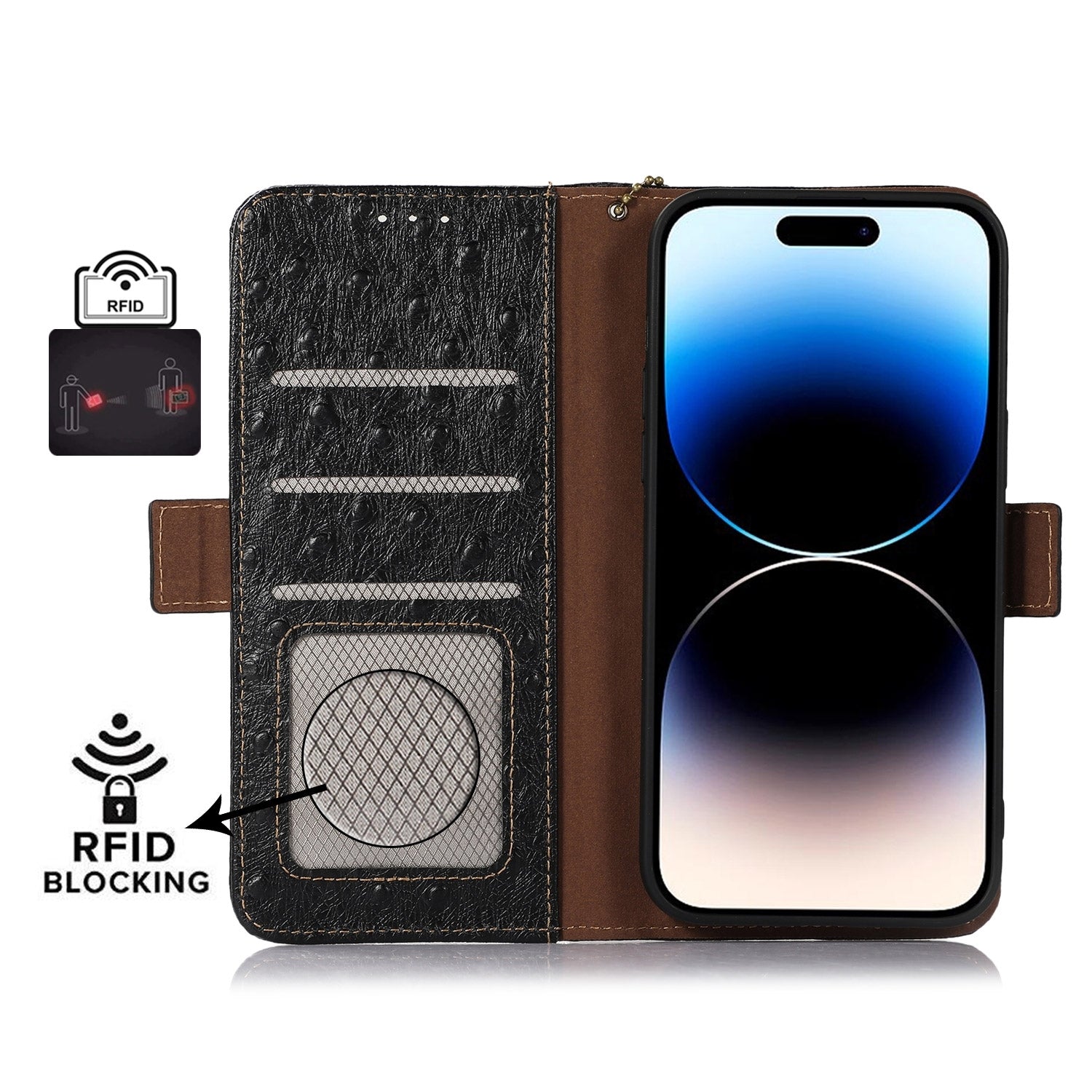 For Redmi 14C 4G Ostrich Pattern Genuine Leather RFID Phone Case(Black)