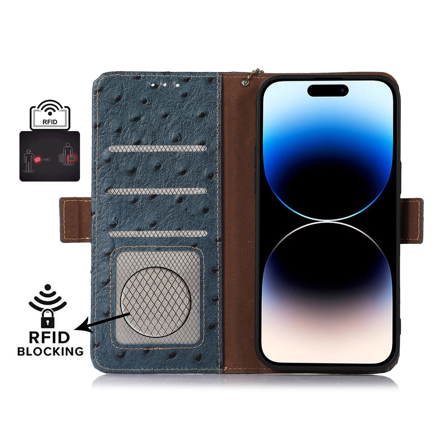 For Redmi 14C 4G Ostrich Pattern Genuine Leather RFID Phone Case(Blue)