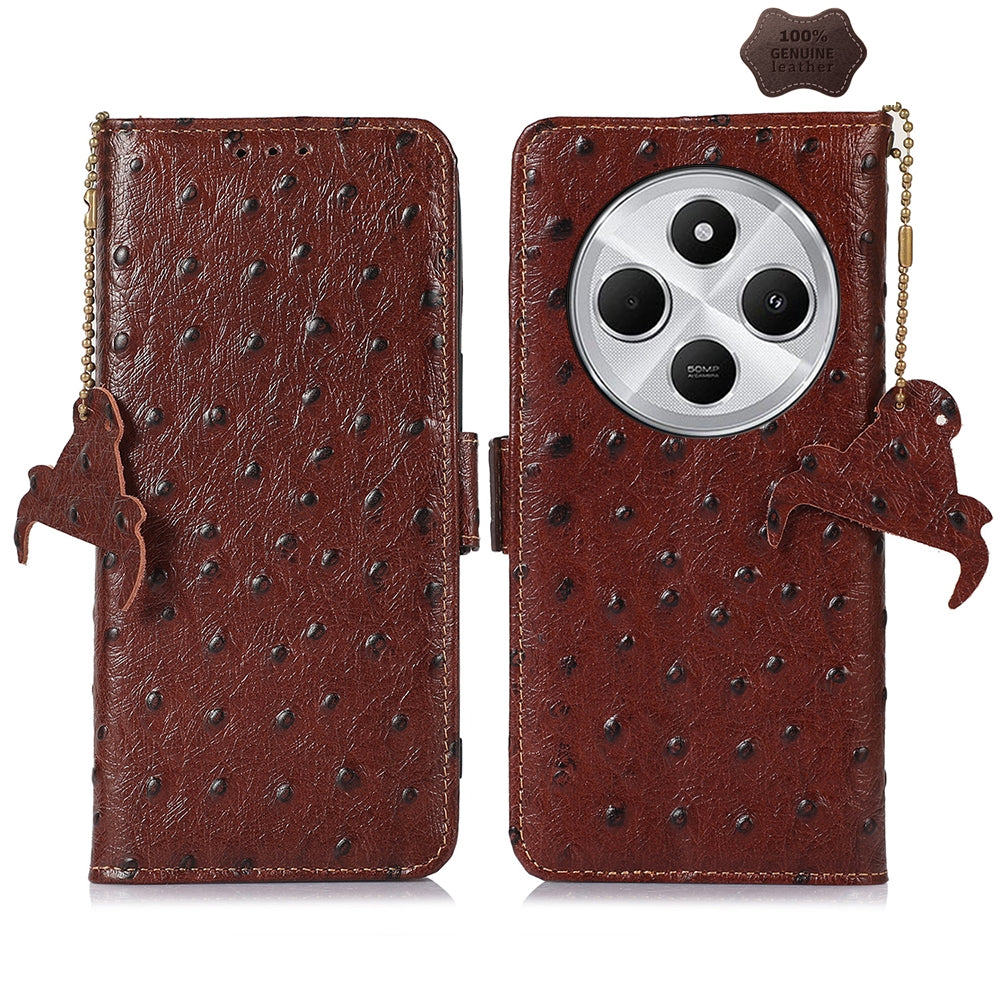 For Redmi 14C 4G Ostrich Pattern Genuine Leather RFID Phone Case(Coffee)