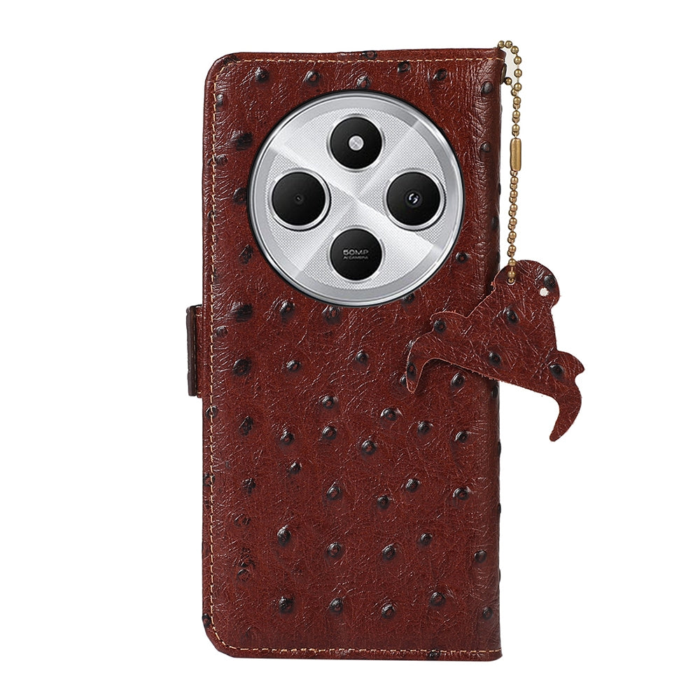 For Redmi 14C 4G Ostrich Pattern Genuine Leather RFID Phone Case(Coffee)