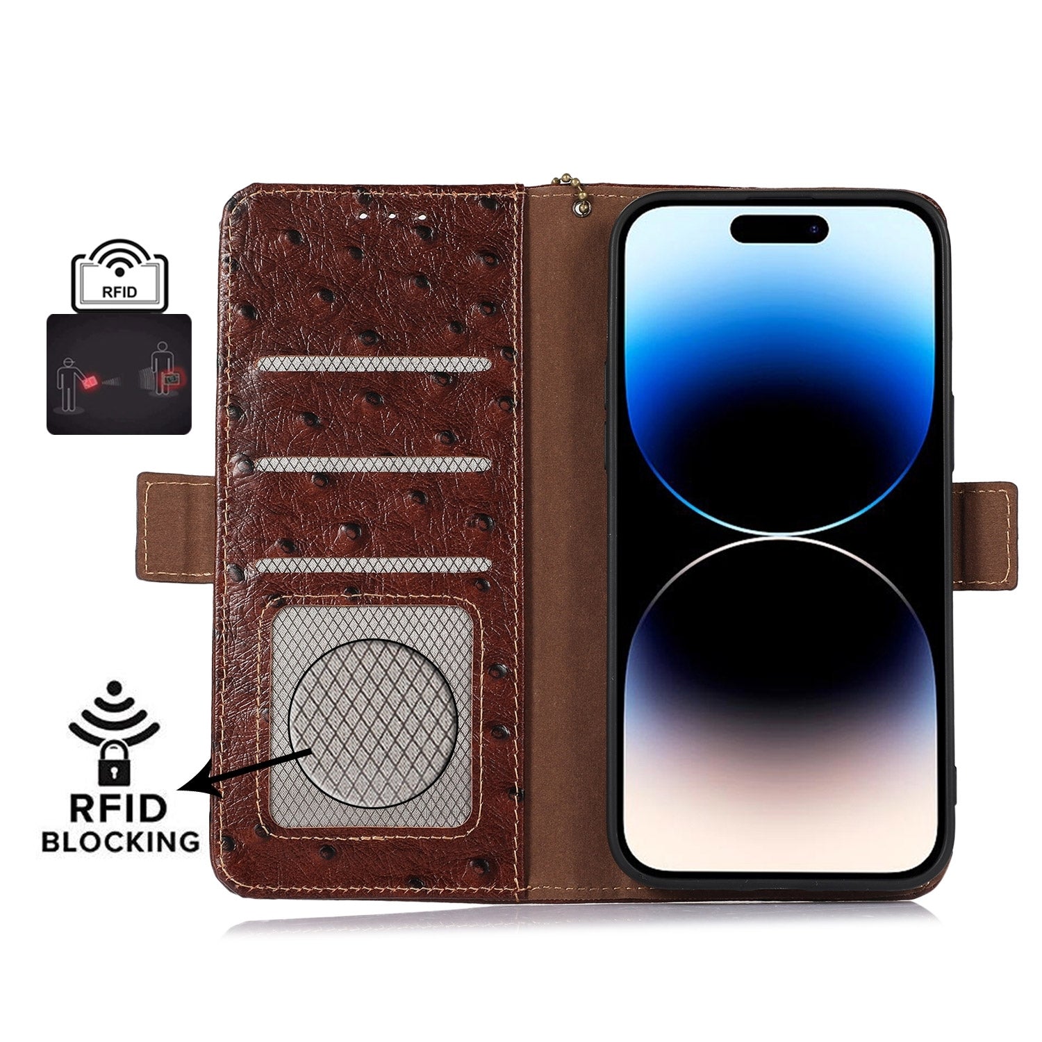 For Redmi 14C 4G Ostrich Pattern Genuine Leather RFID Phone Case(Coffee)