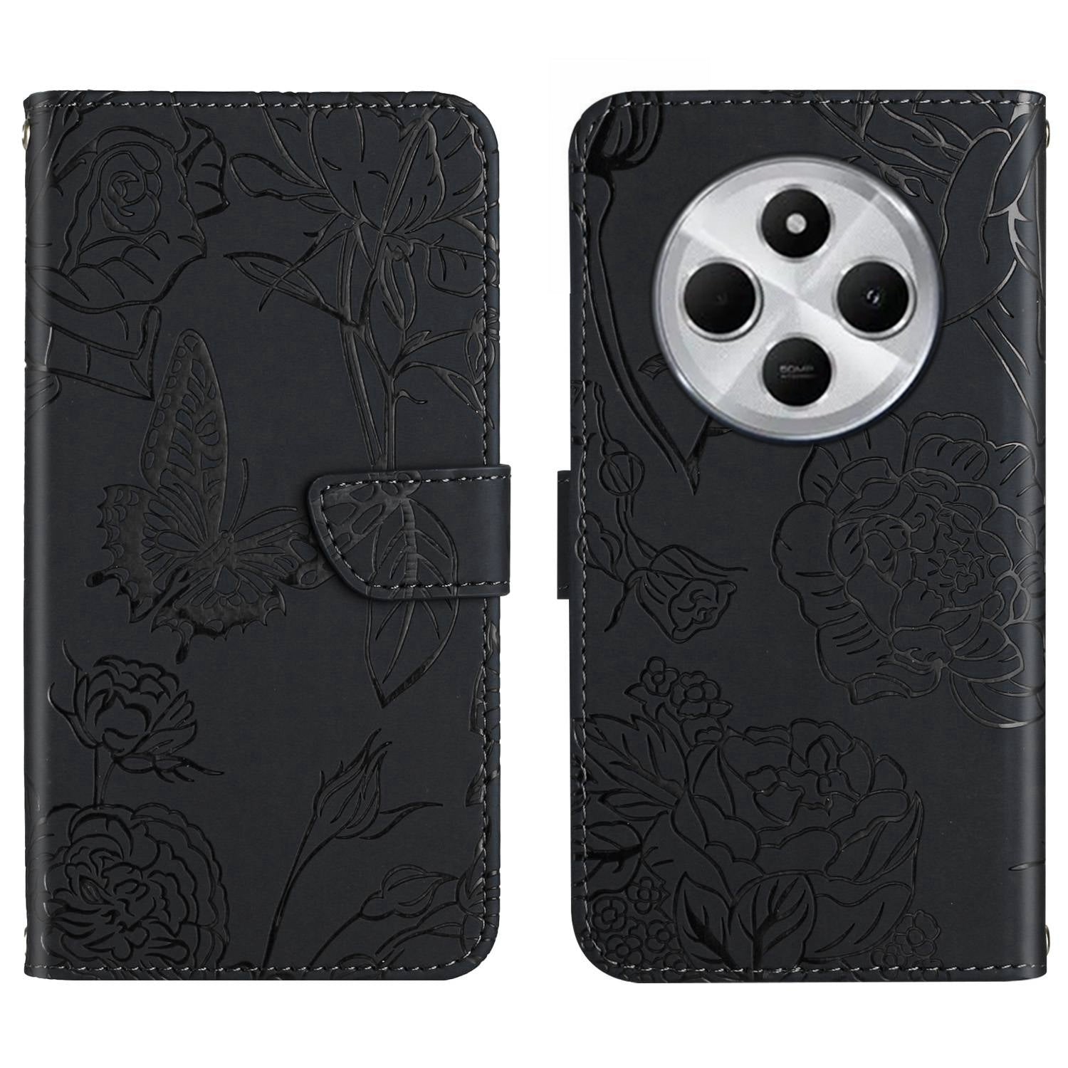 For Redmi 14C 4G Skin Feel Butterfly Embossed Flip Leather Phone Case(Black)