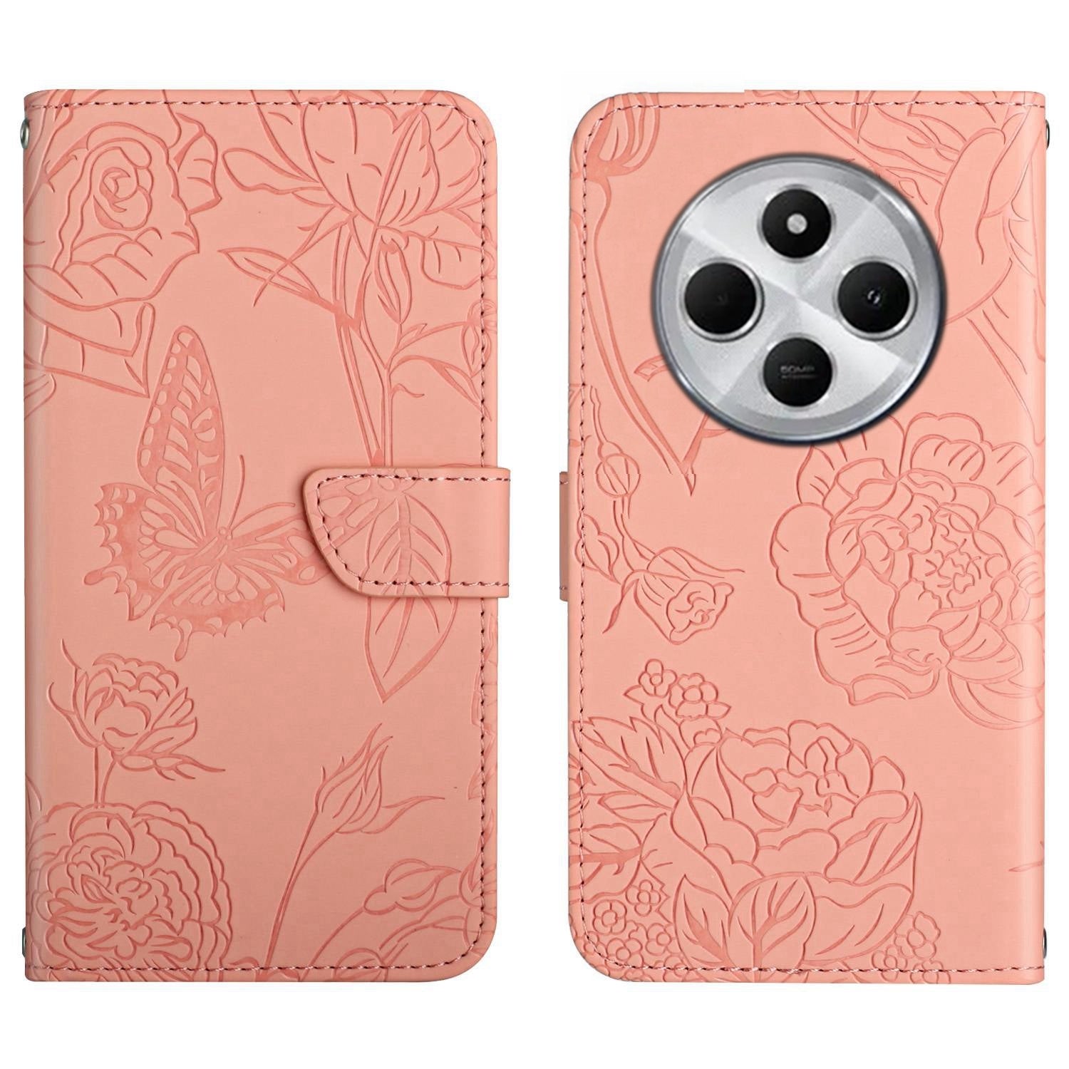 For Redmi 14C 4G Skin Feel Butterfly Embossed Flip Leather Phone Case(Pink)