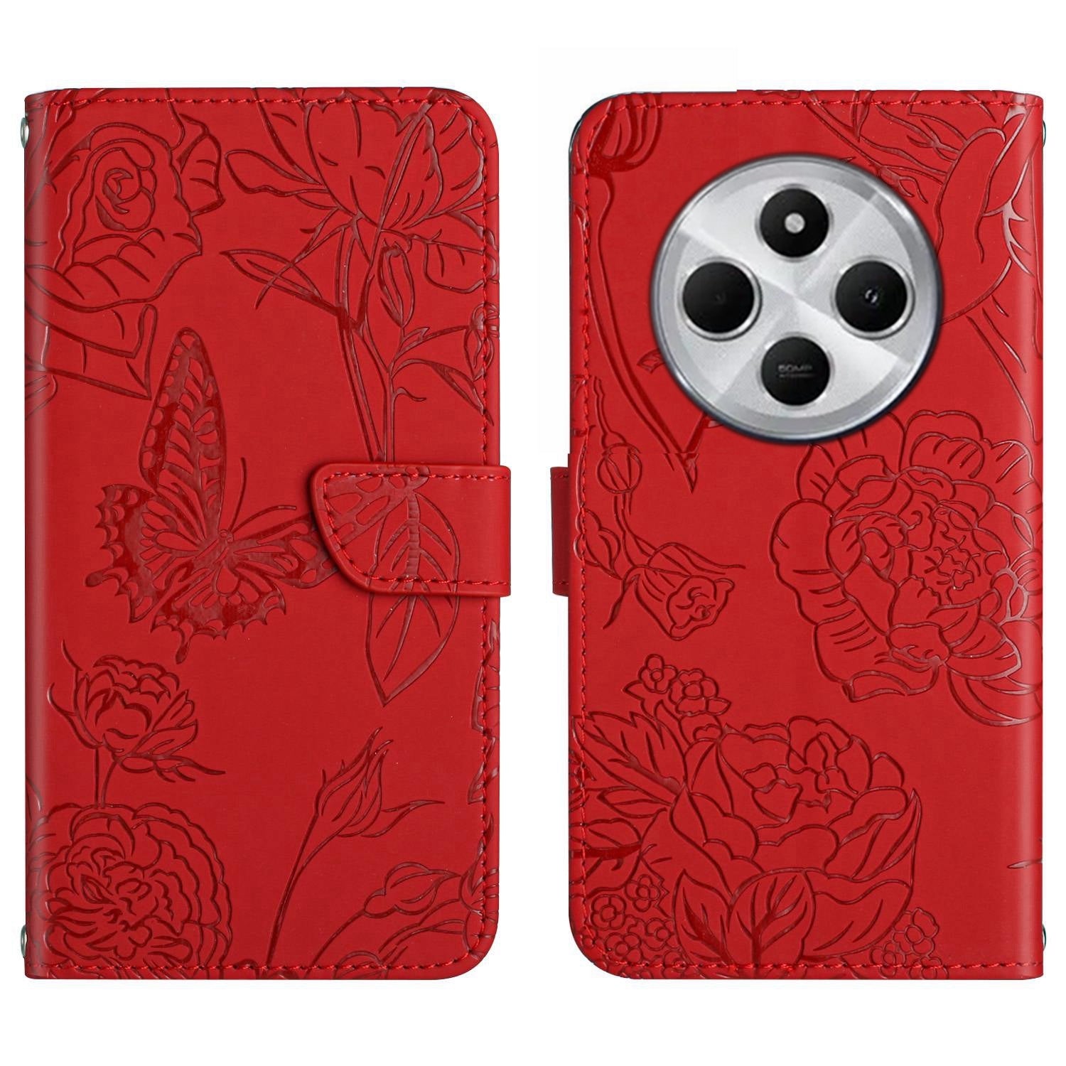 For Redmi 14C 4G Skin Feel Butterfly Embossed Flip Leather Phone Case(Red)