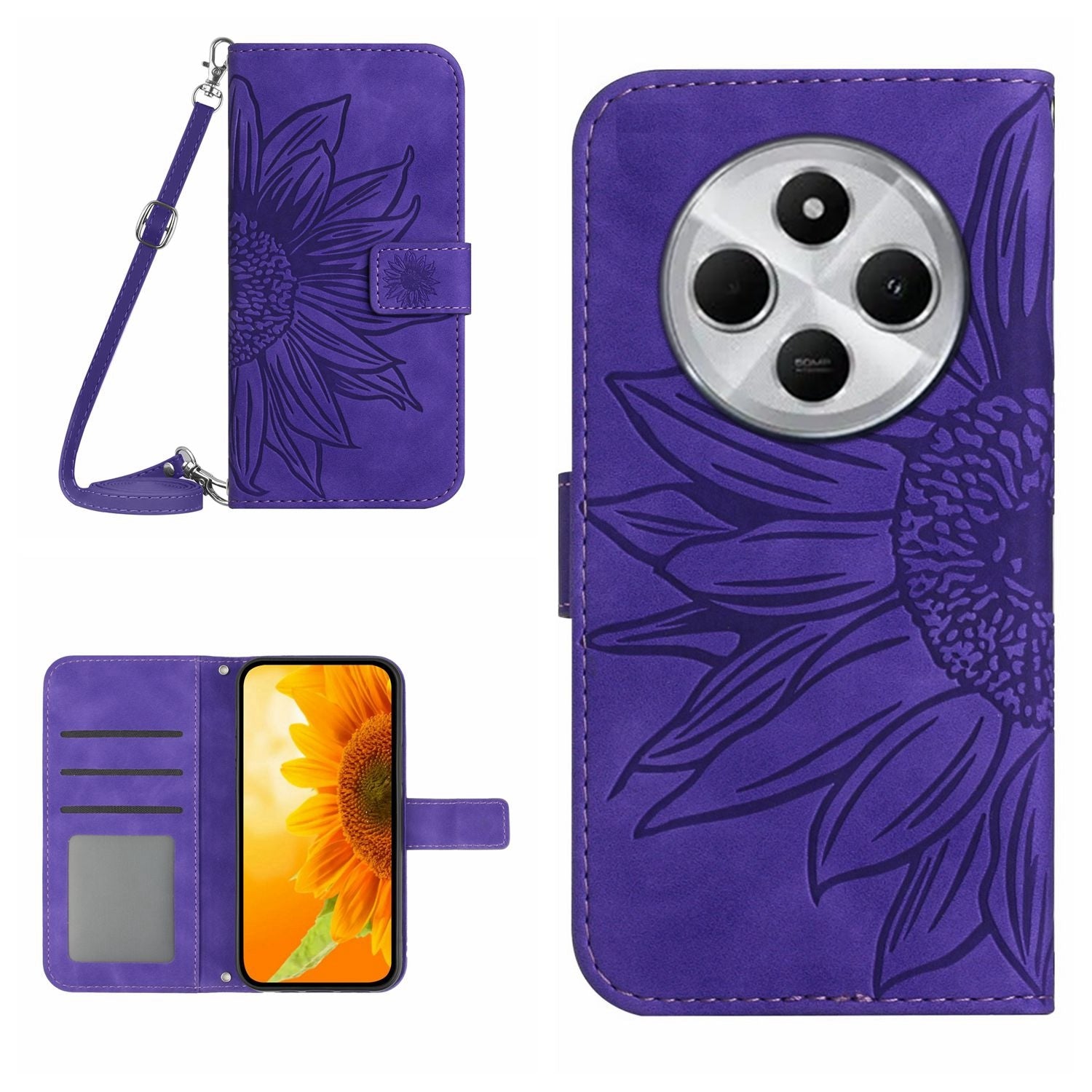 For Redmi 14C 4G Skin Feel Sun Flower Embossed Flip Leather Phone Case with Lanyard(Dark Purple)