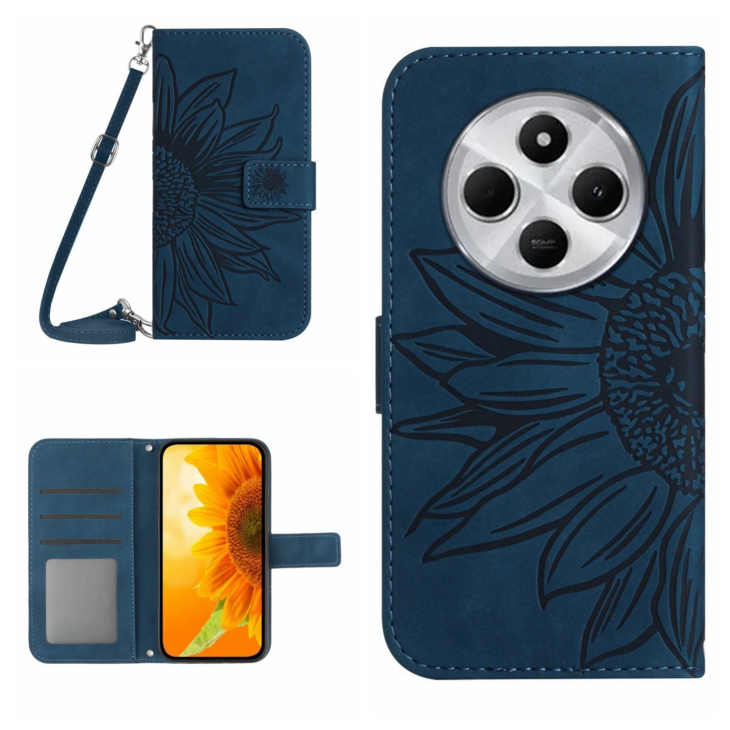 For Redmi 14C 4G Skin Feel Sun Flower Embossed Flip Leather Phone Case with Lanyard(Inky Blue)