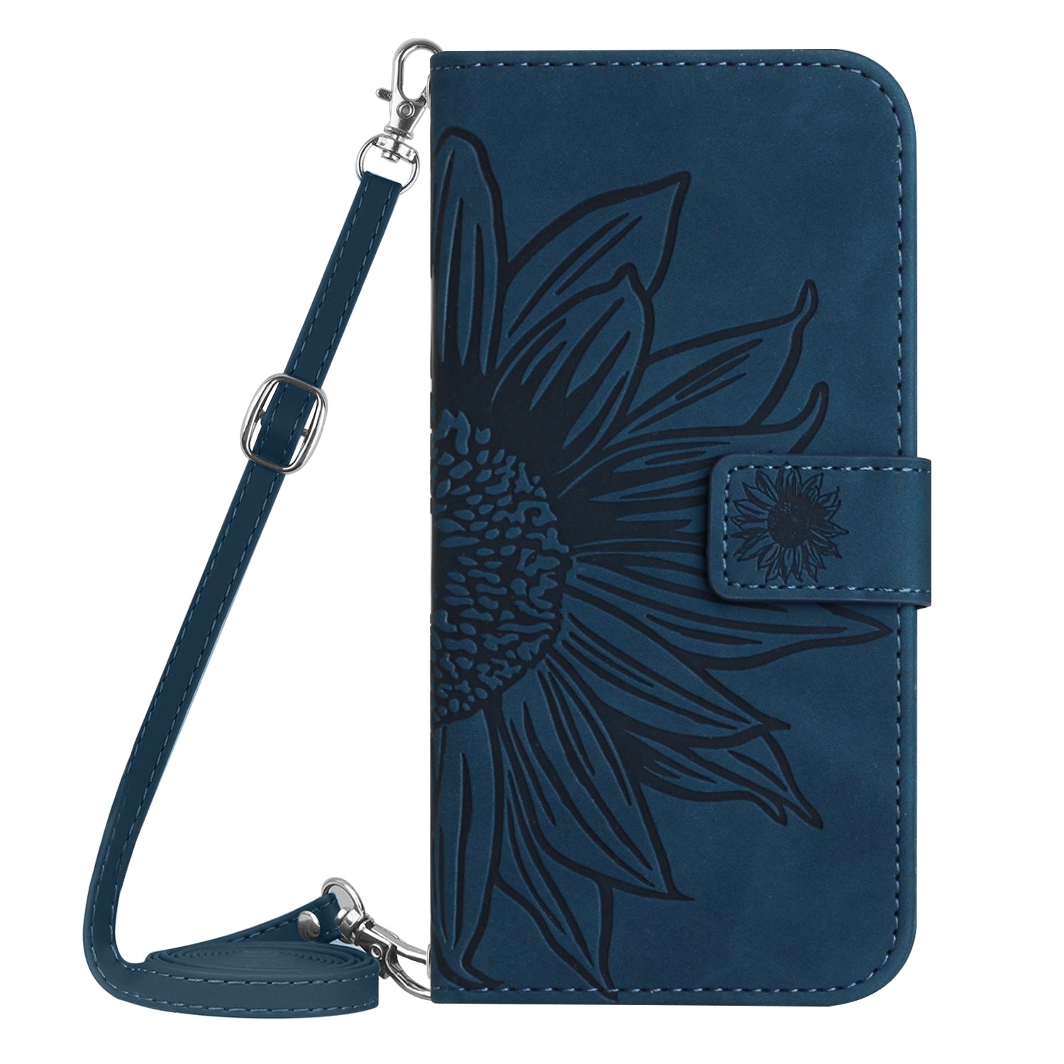 For Redmi 14C 4G Skin Feel Sun Flower Embossed Flip Leather Phone Case with Lanyard(Inky Blue)