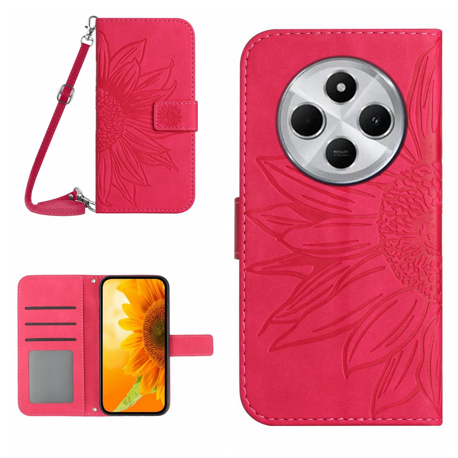 For Redmi 14C 4G Skin Feel Sun Flower Embossed Flip Leather Phone Case with Lanyard(Rose Red)