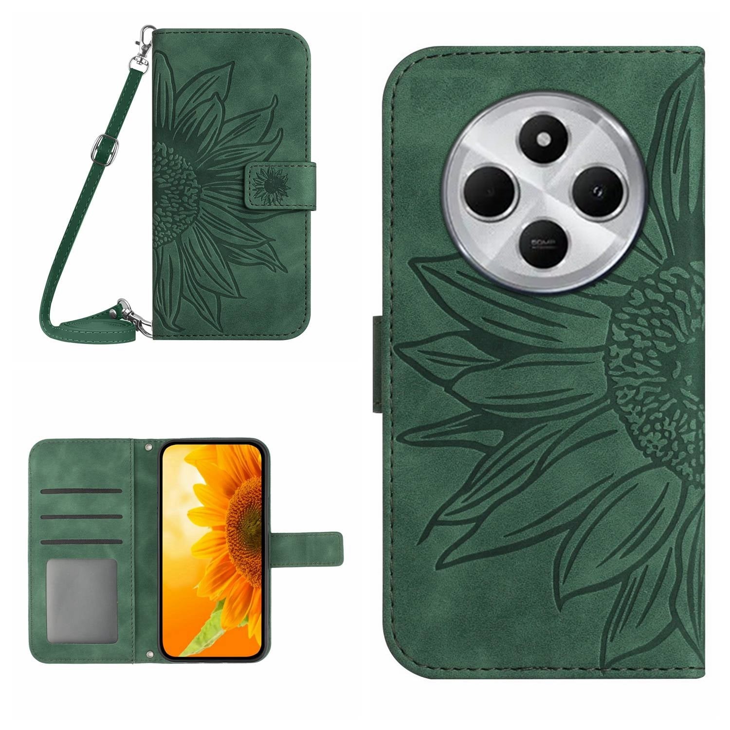 For Redmi 14C 4G Skin Feel Sun Flower Embossed Flip Leather Phone Case with Lanyard(Green)