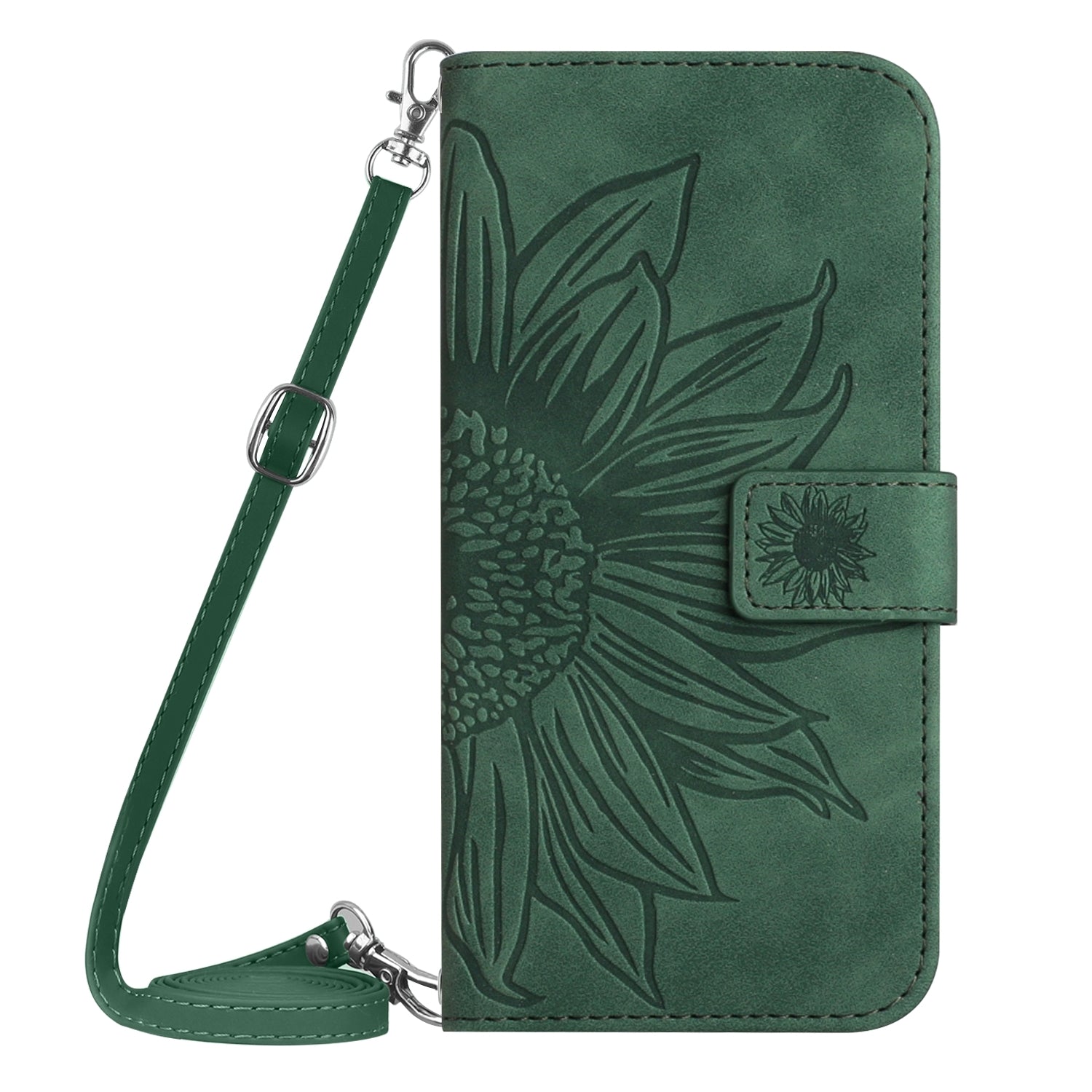 For Redmi 14C 4G Skin Feel Sun Flower Embossed Flip Leather Phone Case with Lanyard(Green)