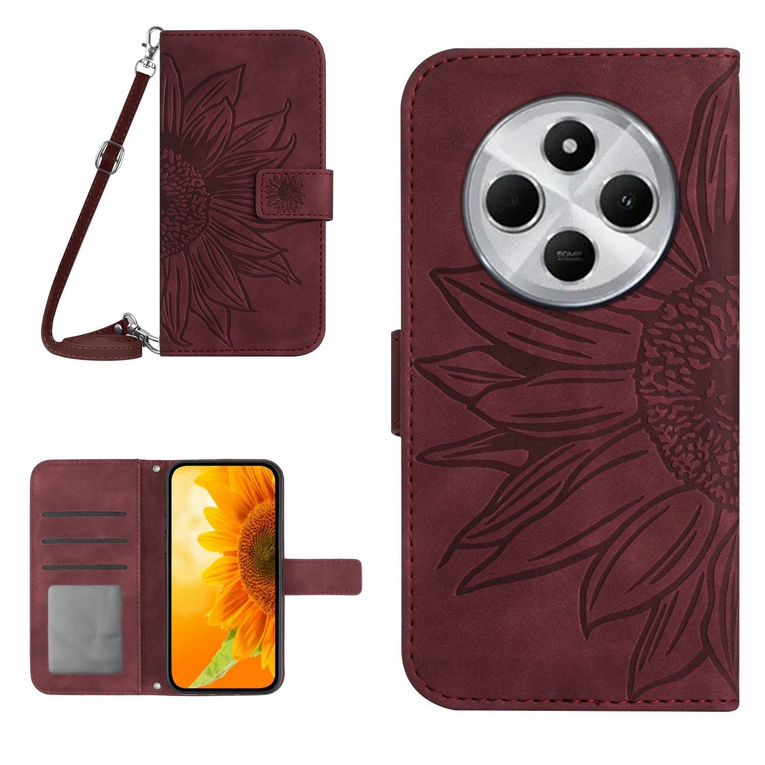 For Redmi 14C 4G Skin Feel Sun Flower Embossed Flip Leather Phone Case with Lanyard(Wine Red)