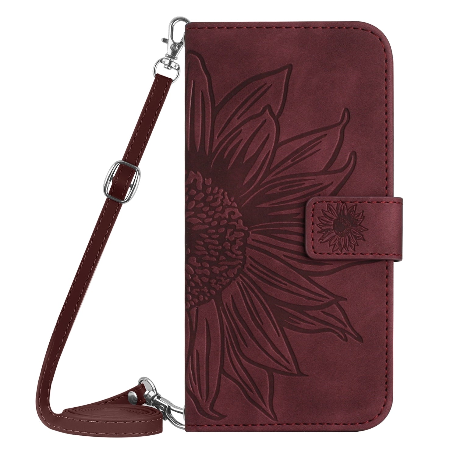 For Redmi 14C 4G Skin Feel Sun Flower Embossed Flip Leather Phone Case with Lanyard(Wine Red)