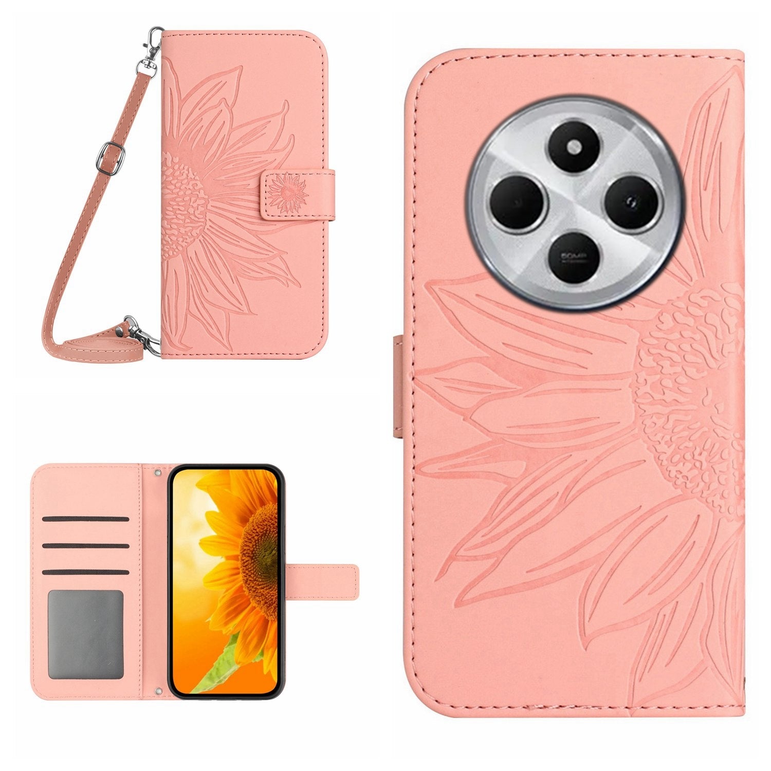 For Redmi 14C 4G Skin Feel Sun Flower Embossed Flip Leather Phone Case with Lanyard(Pink)