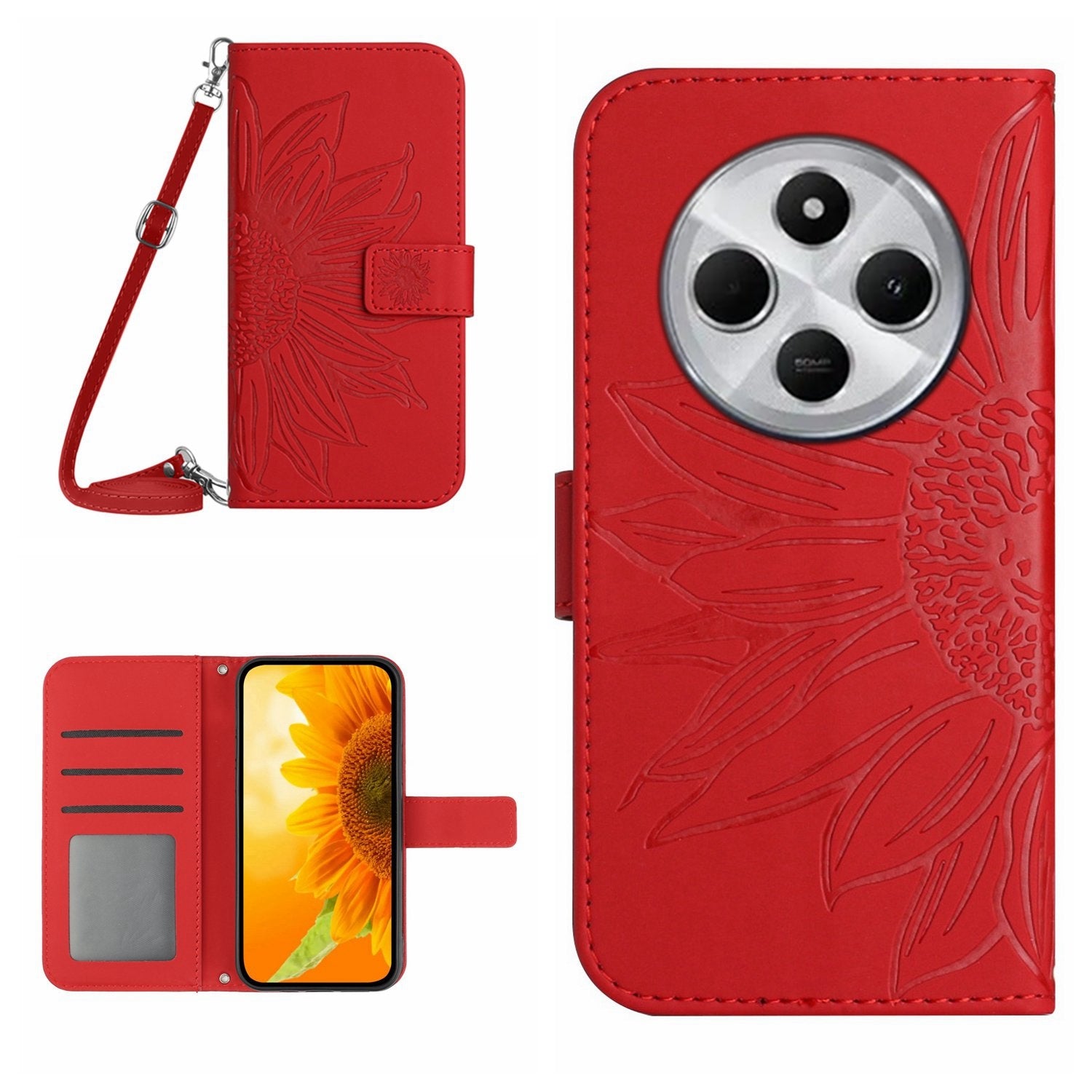 For Redmi 14C 4G Skin Feel Sun Flower Embossed Flip Leather Phone Case with Lanyard(Red)