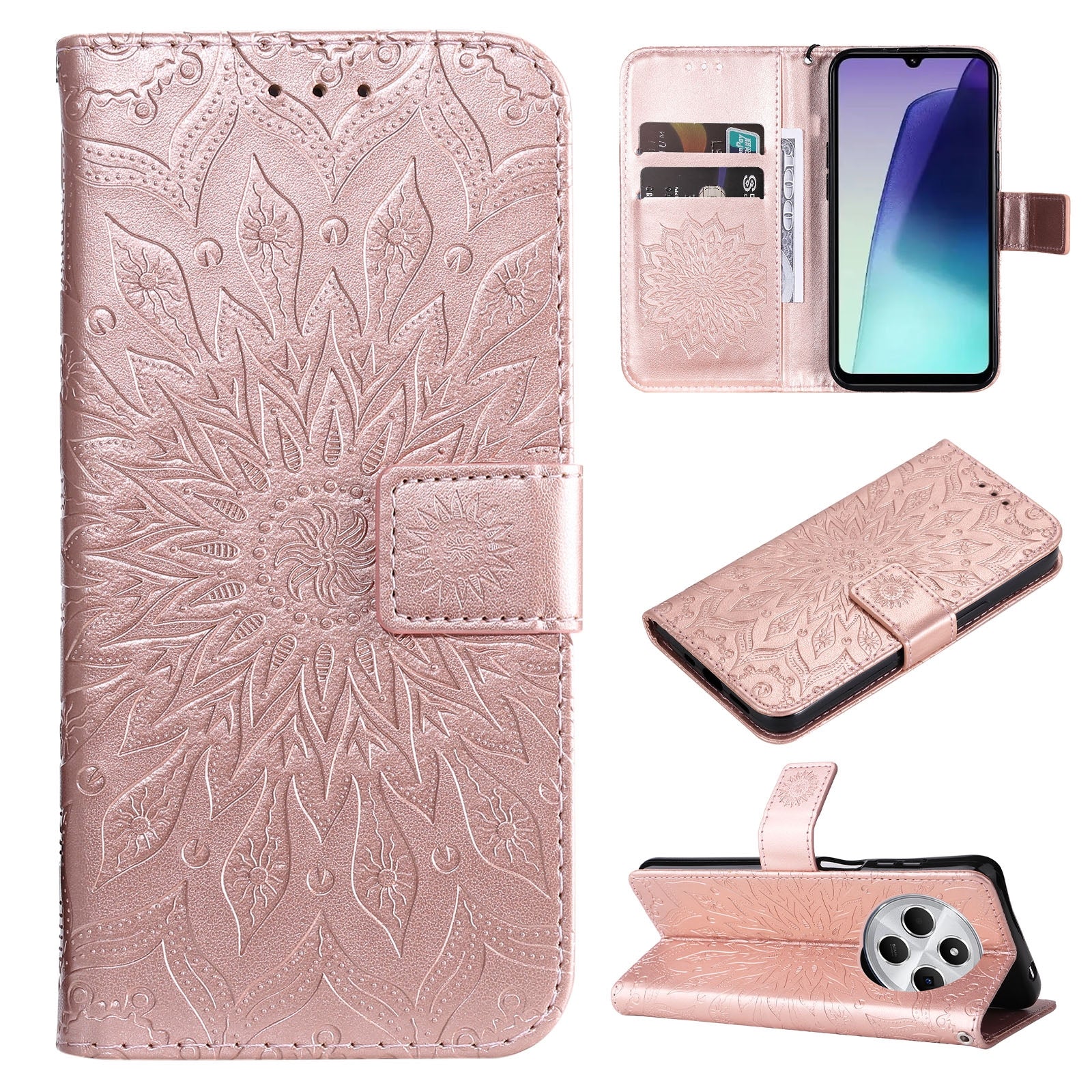 For Redmi 14C 4G Embossed Sunflower Pattern Flip Leather Phone Case(Rose Gold)