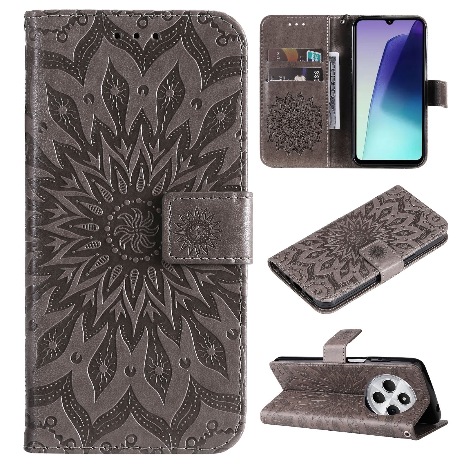 For Redmi 14C 4G Embossed Sunflower Pattern Flip Leather Phone Case(Grey)