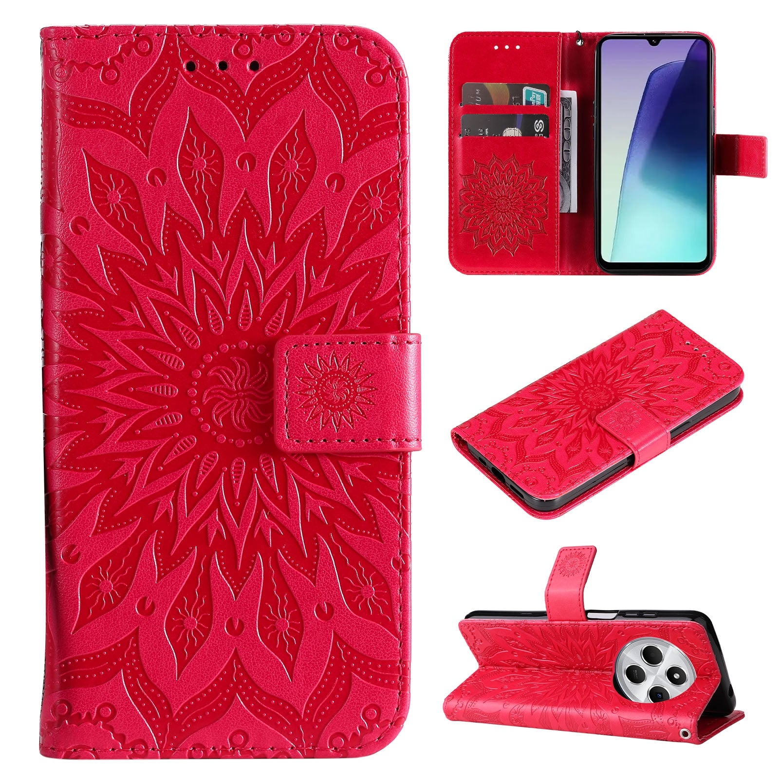 For Redmi 14C 4G Embossed Sunflower Pattern Flip Leather Phone Case(Red)