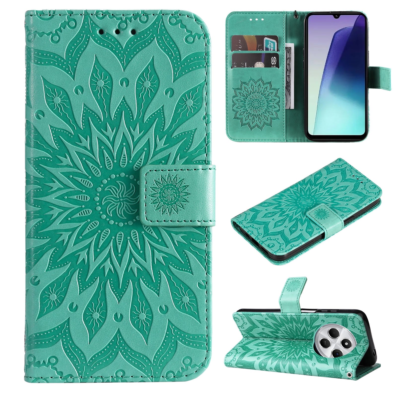 For Redmi 14C 4G Embossed Sunflower Pattern Flip Leather Phone Case(Green)