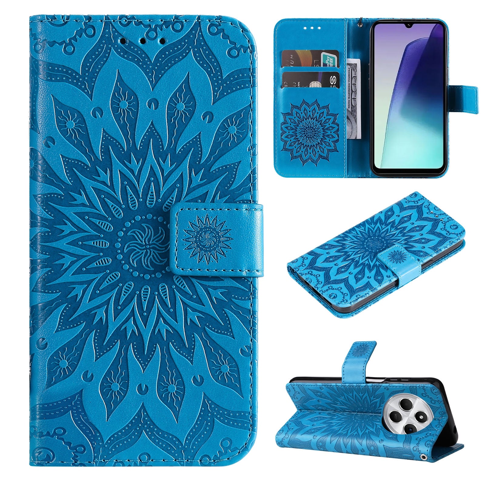 For Redmi 14C 4G Embossed Sunflower Pattern Flip Leather Phone Case(Blue)