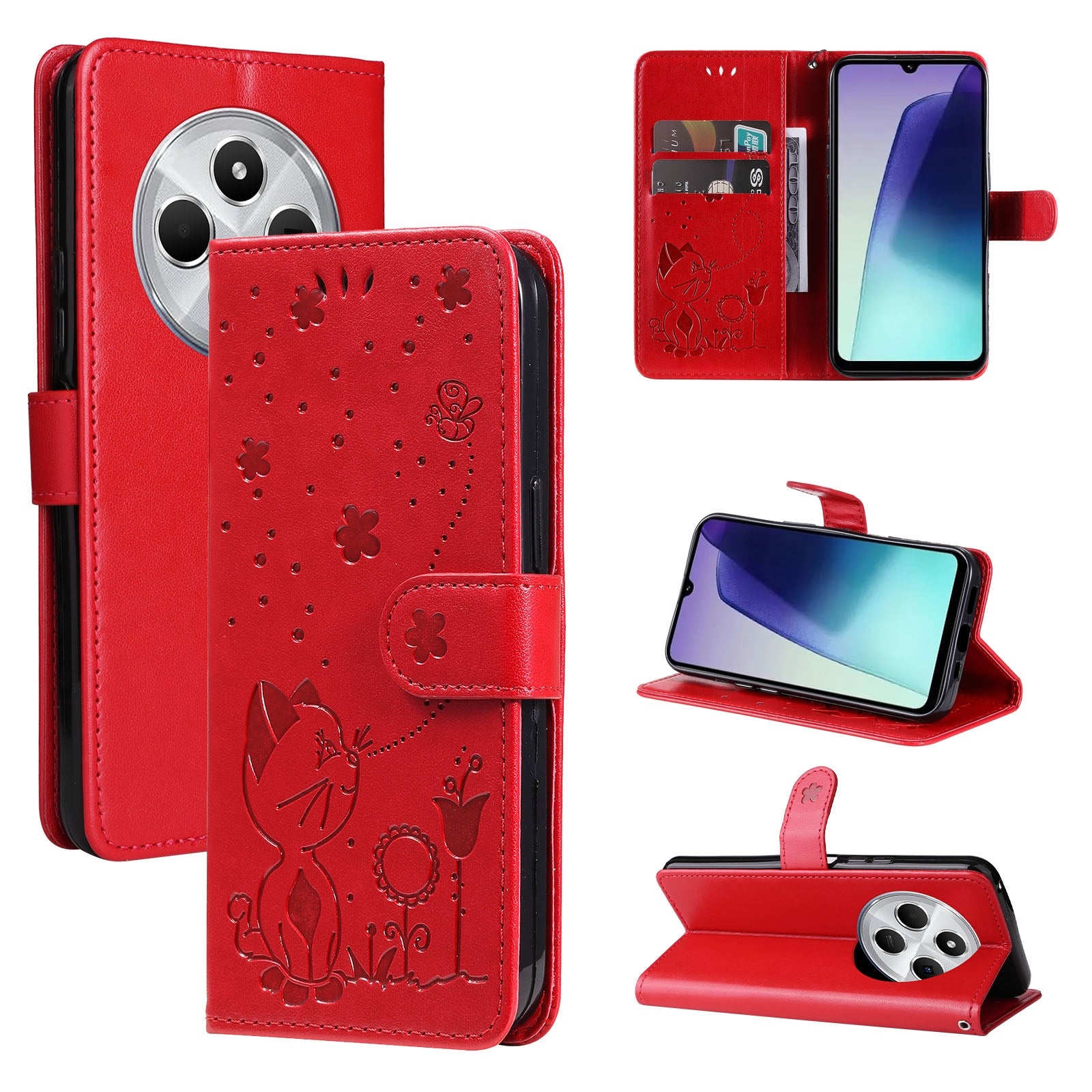 For Redmi 14C 4G Global Cat and Bee Embossed Flip Leather Phone Case(Red)