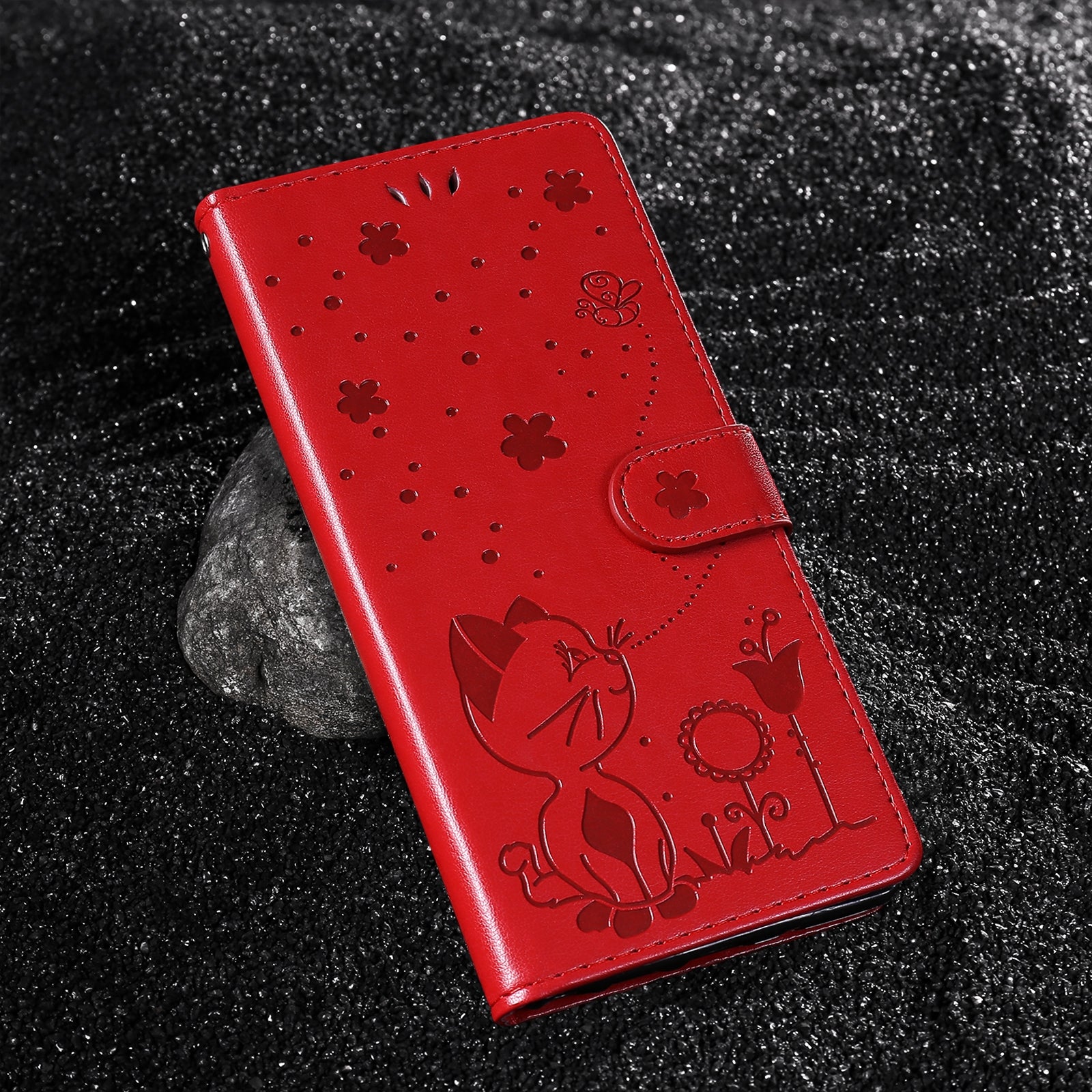 For Redmi 14C 4G Global Cat and Bee Embossed Flip Leather Phone Case(Red)