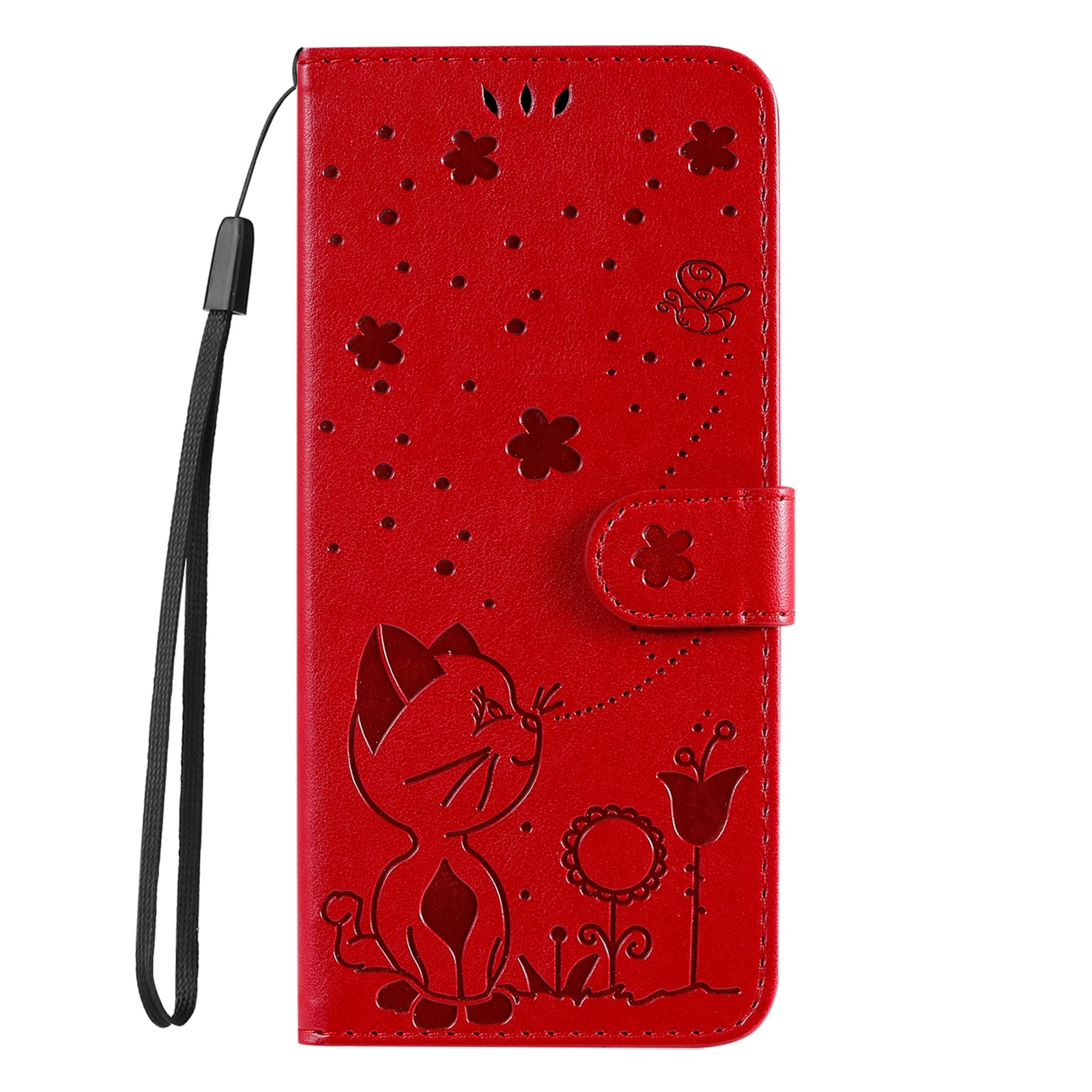 For Redmi 14C 4G Global Cat and Bee Embossed Flip Leather Phone Case(Red)