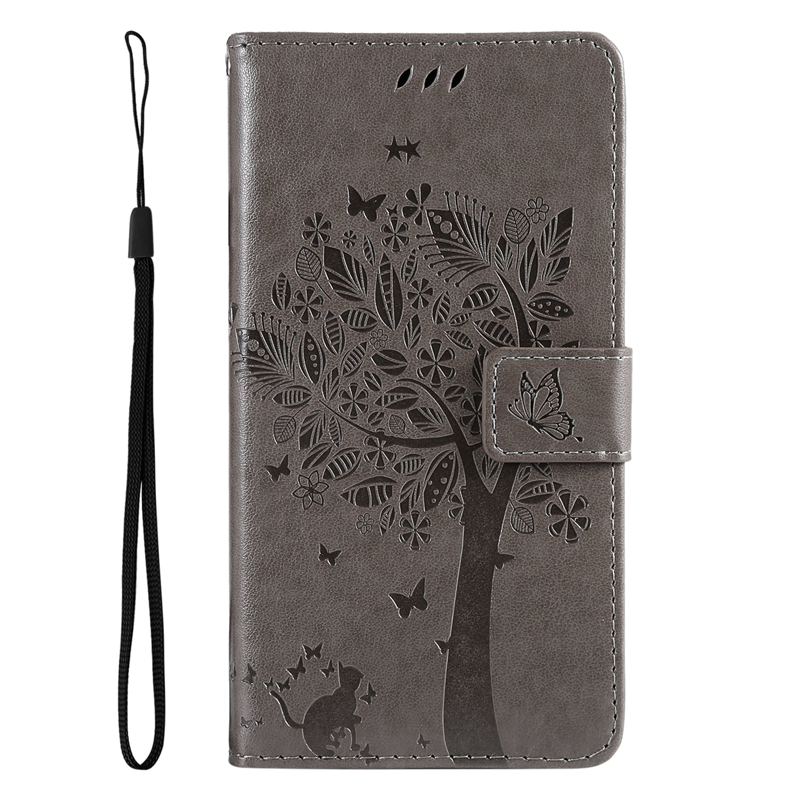 For Redmi 14C 4G Global Tree & Cat Embossed Pattern Flip Leather Phone Case(Grey)