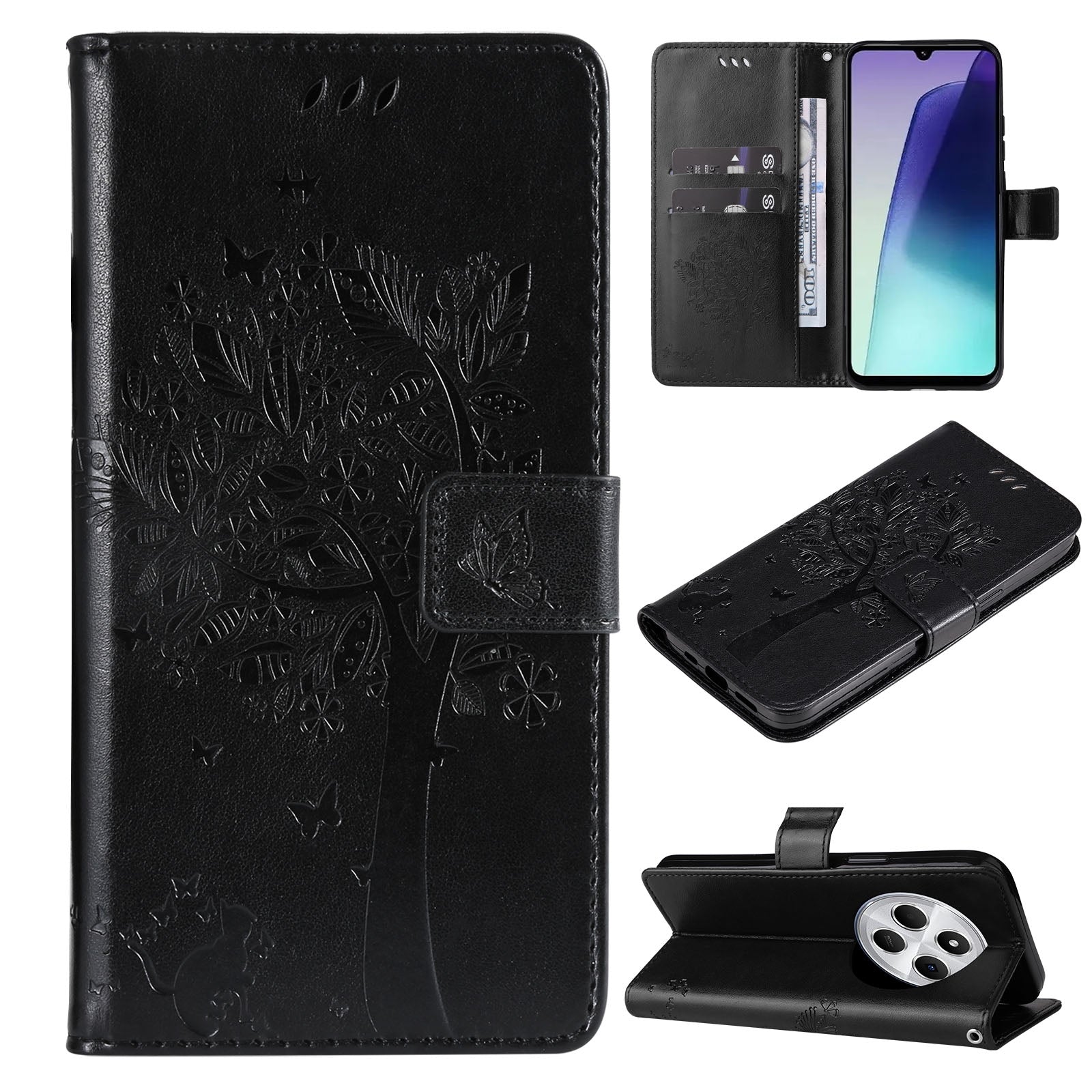 For Redmi 14C 4G Global Tree & Cat Embossed Pattern Flip Leather Phone Case(Black)