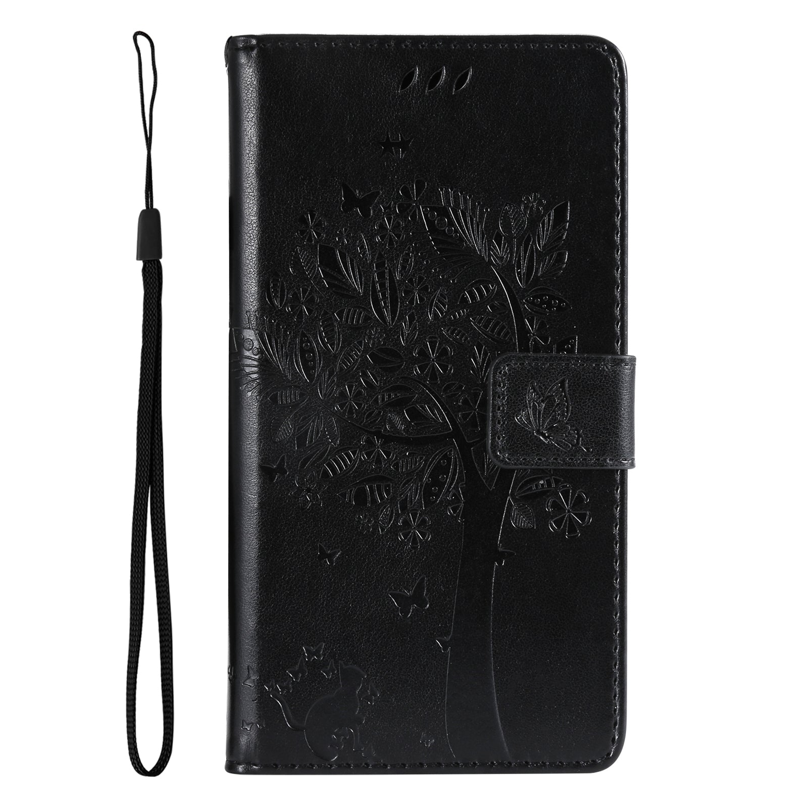 For Redmi 14C 4G Global Tree & Cat Embossed Pattern Flip Leather Phone Case(Black)