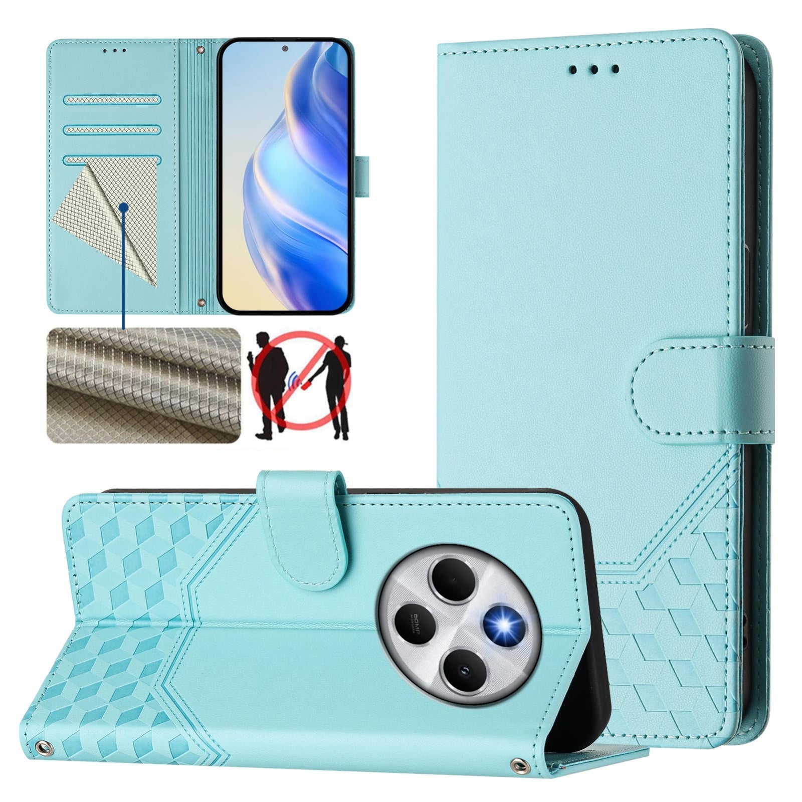 For Redmi 14C 4G Honeycomb Embossing RFID Leather Phone Case(Mint Green)