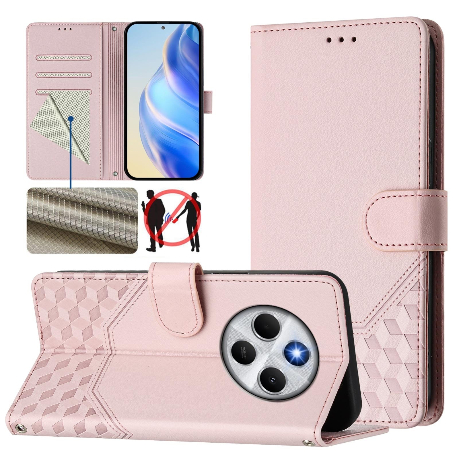 For Redmi 14C 4G Honeycomb Embossing RFID Leather Phone Case(Pink)