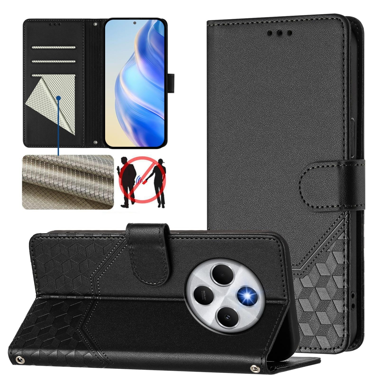 For Redmi 14C 4G Honeycomb Embossing RFID Leather Phone Case(Black)