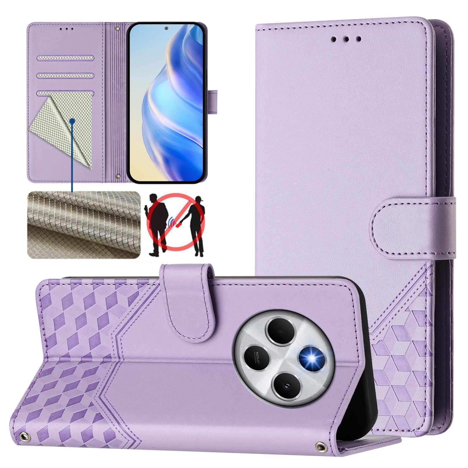 For Redmi 14C 4G Honeycomb Embossing RFID Leather Phone Case(Light Purple)