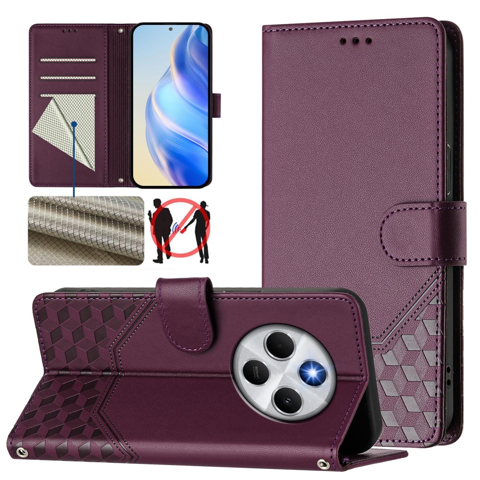 For Redmi 14C 4G Honeycomb Embossing RFID Leather Phone Case(Violet)