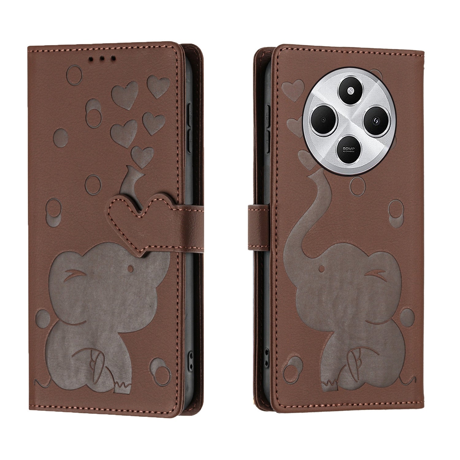 For Redmi 14C 4G Cartoon Elephant Embossed Leather Phone Case(Brown)