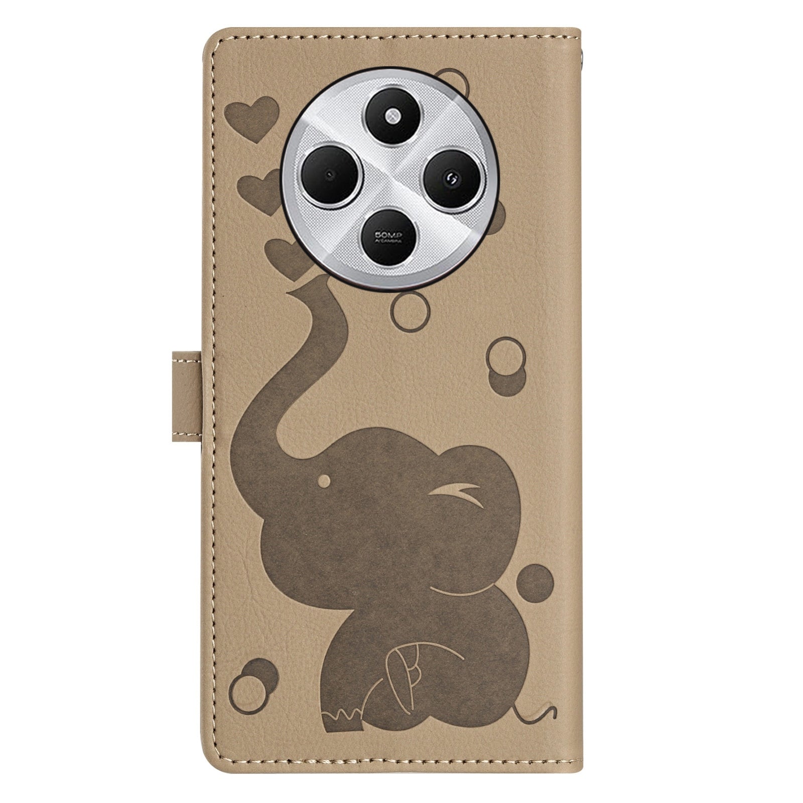 For Redmi 14C 4G Cartoon Elephant Embossed Leather Phone Case(Khaki)