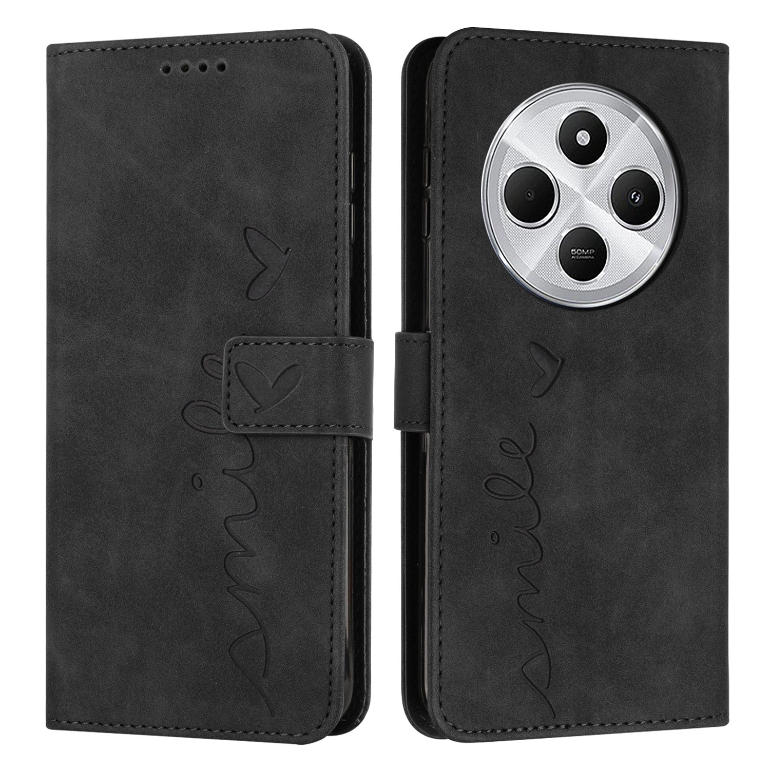 For Redmi 14C 4G Skin Feel Heart Embossed Leather Phone Case(Black)