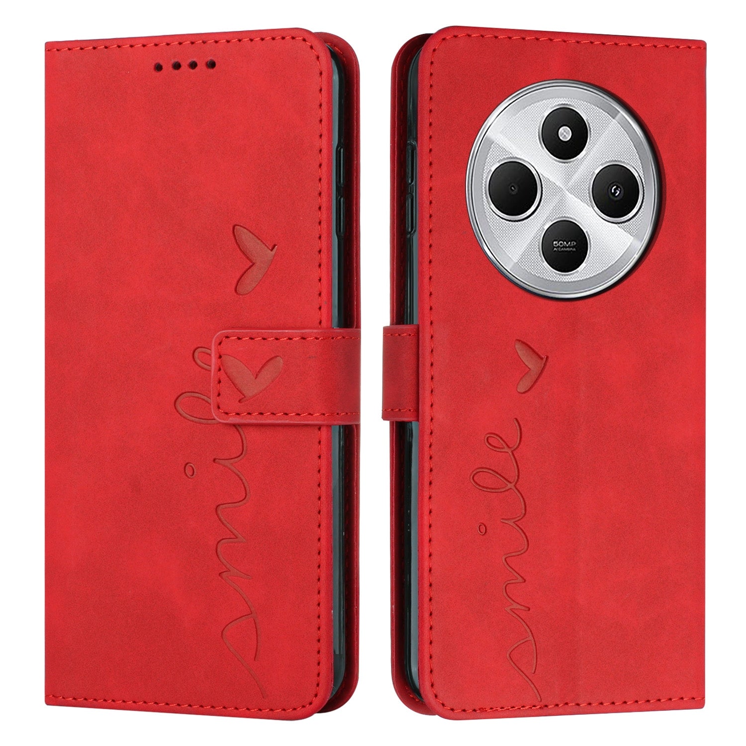 For Redmi 14C 4G Skin Feel Heart Embossed Leather Phone Case(Red)