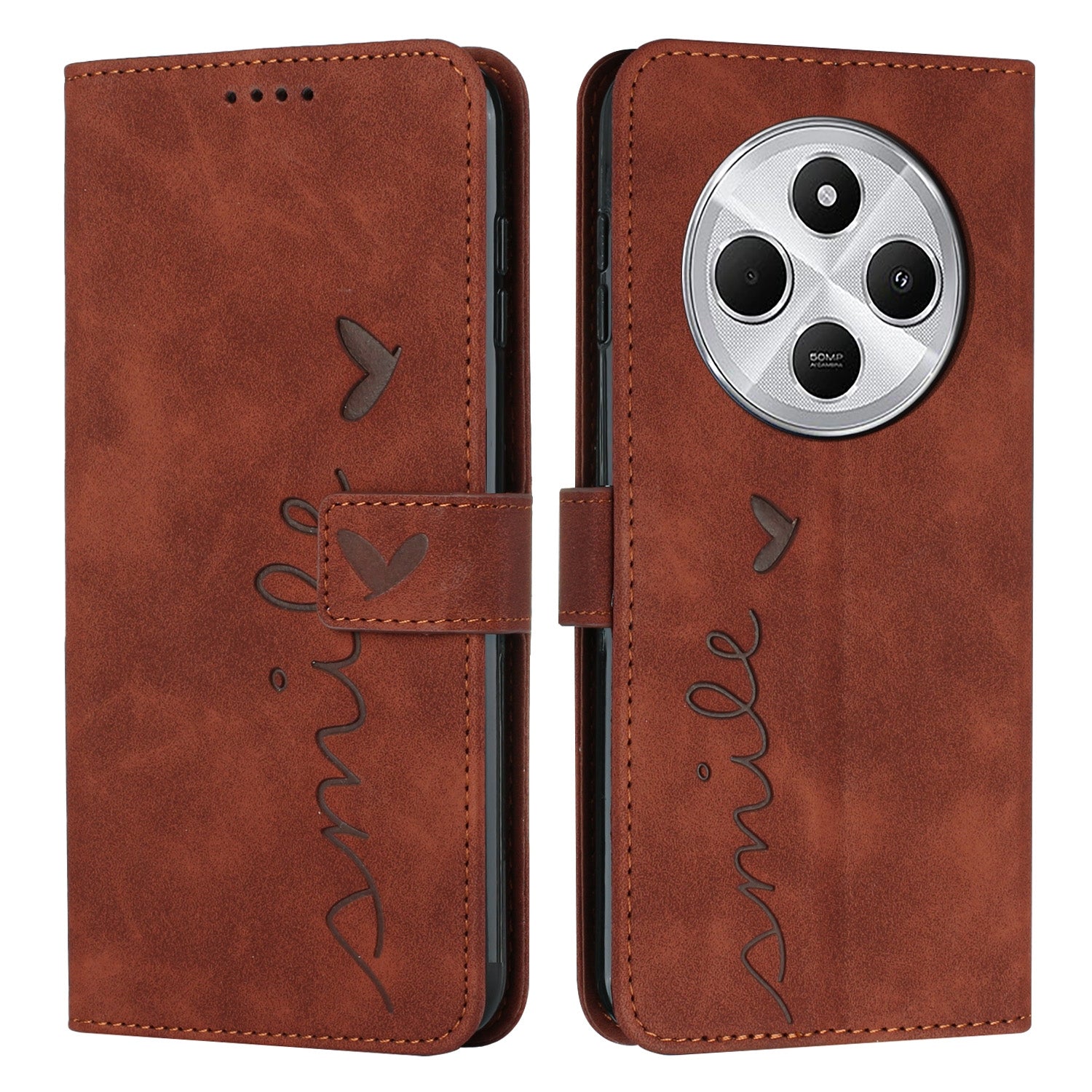 For Redmi 14C 4G Skin Feel Heart Embossed Leather Phone Case(Brown)