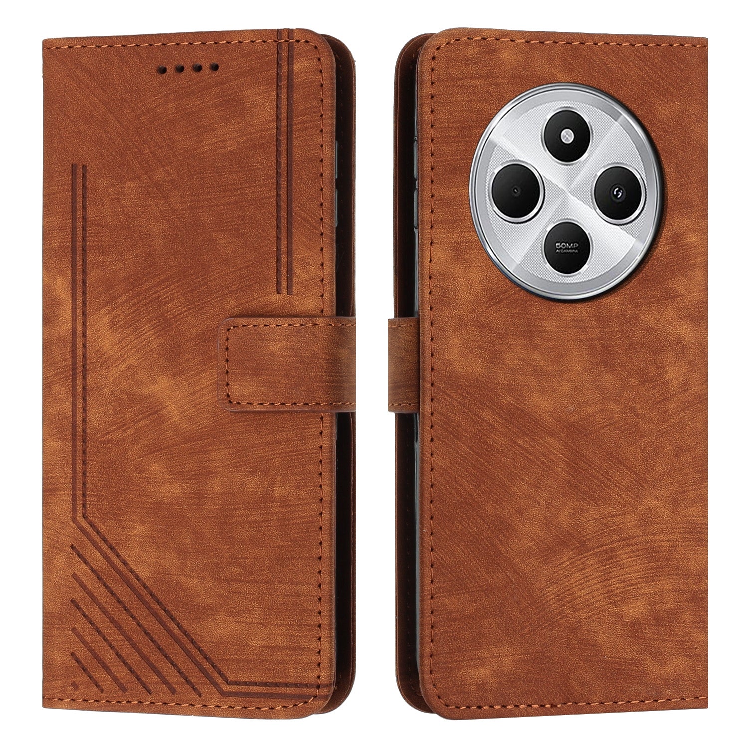 For Redmi 14C 4G Skin Feel Stripe Pattern Leather Phone Case(Brown)