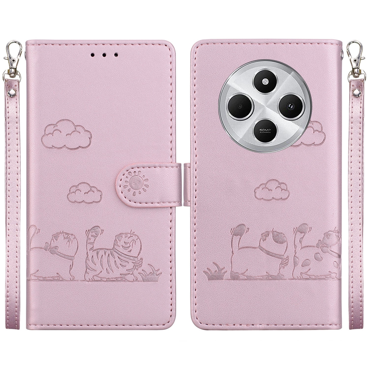 For Redmi 14C 4G Cute Cats RFID Leather Phone Case(Rose Gold)