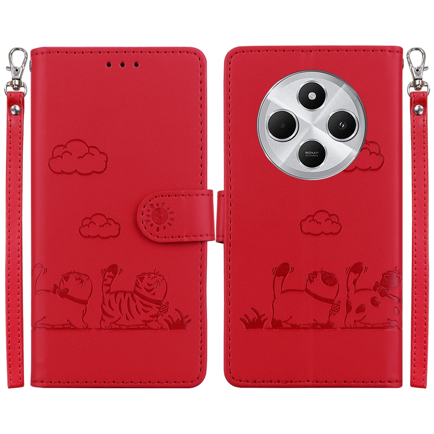 For Redmi 14C 4G Cute Cats RFID Leather Phone Case(Red)