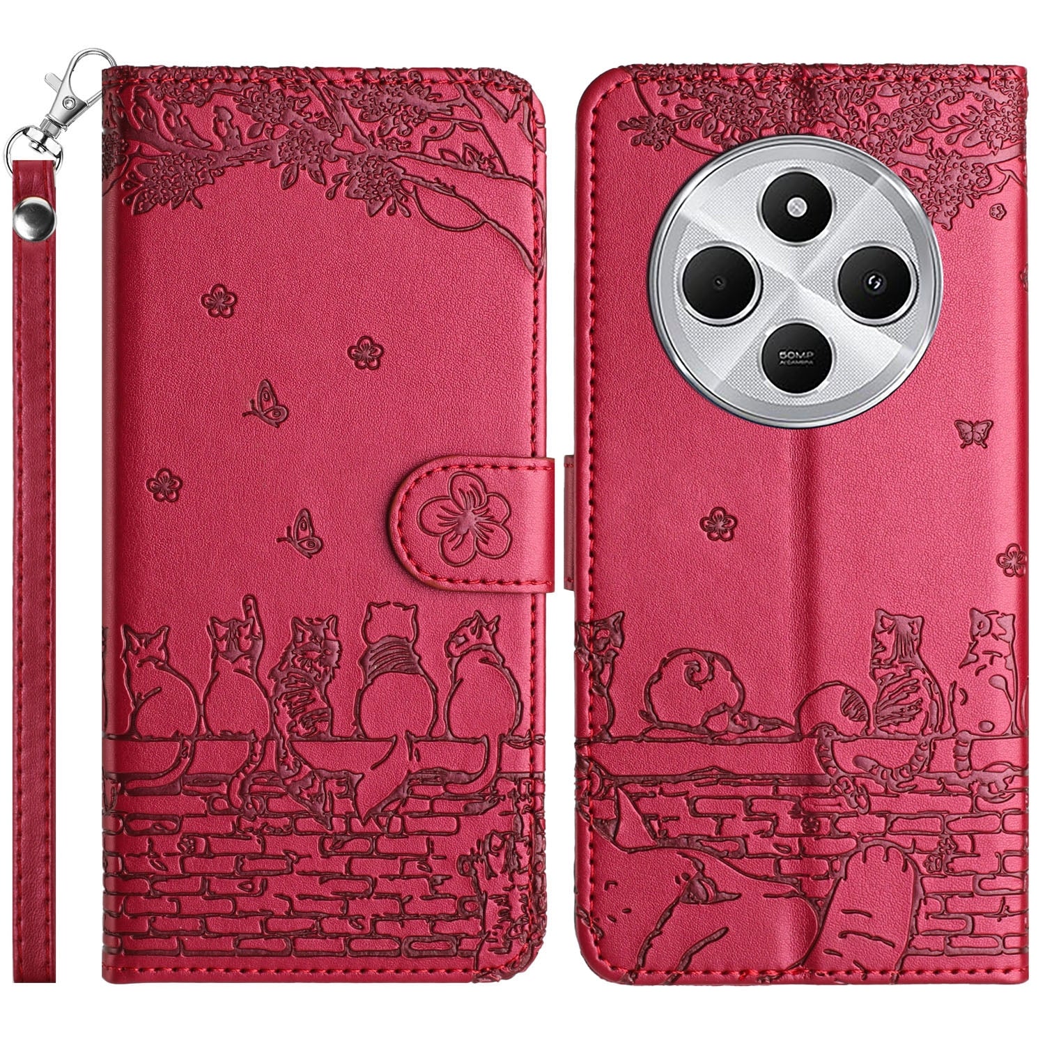 For Redmi 14C 4G Cat Embossing Pattern Leather Phone Case with Lanyard(Red)