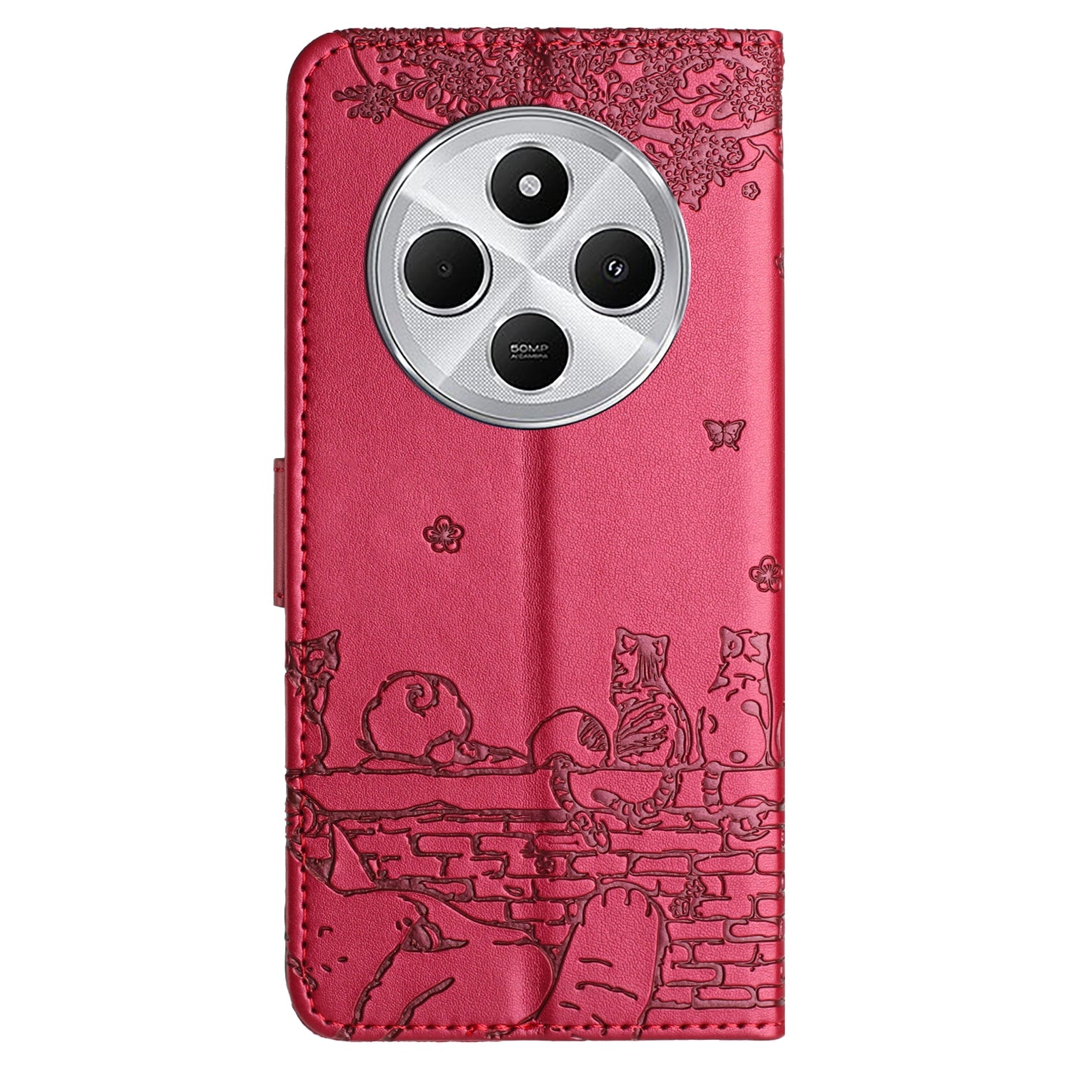 For Redmi 14C 4G Cat Embossing Pattern Leather Phone Case with Lanyard(Red)