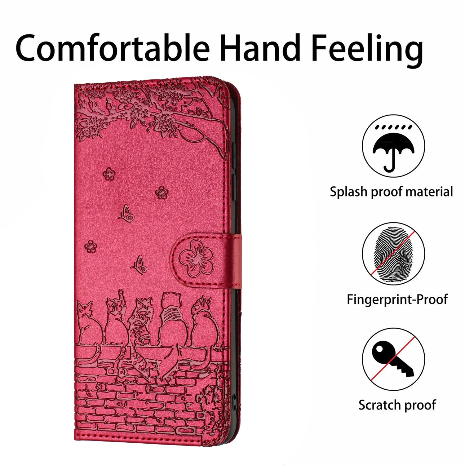 For Redmi 14C 4G Cat Embossing Pattern Leather Phone Case with Lanyard(Red)