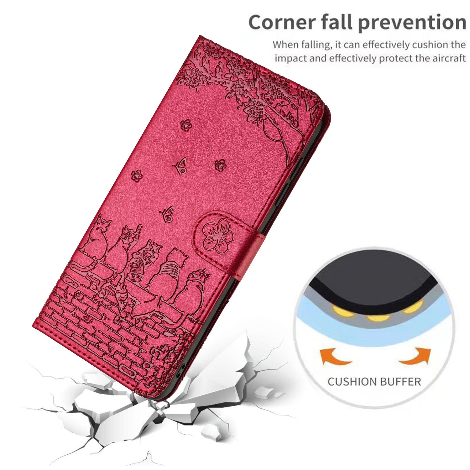 For Redmi 14C 4G Cat Embossing Pattern Leather Phone Case with Lanyard(Red)