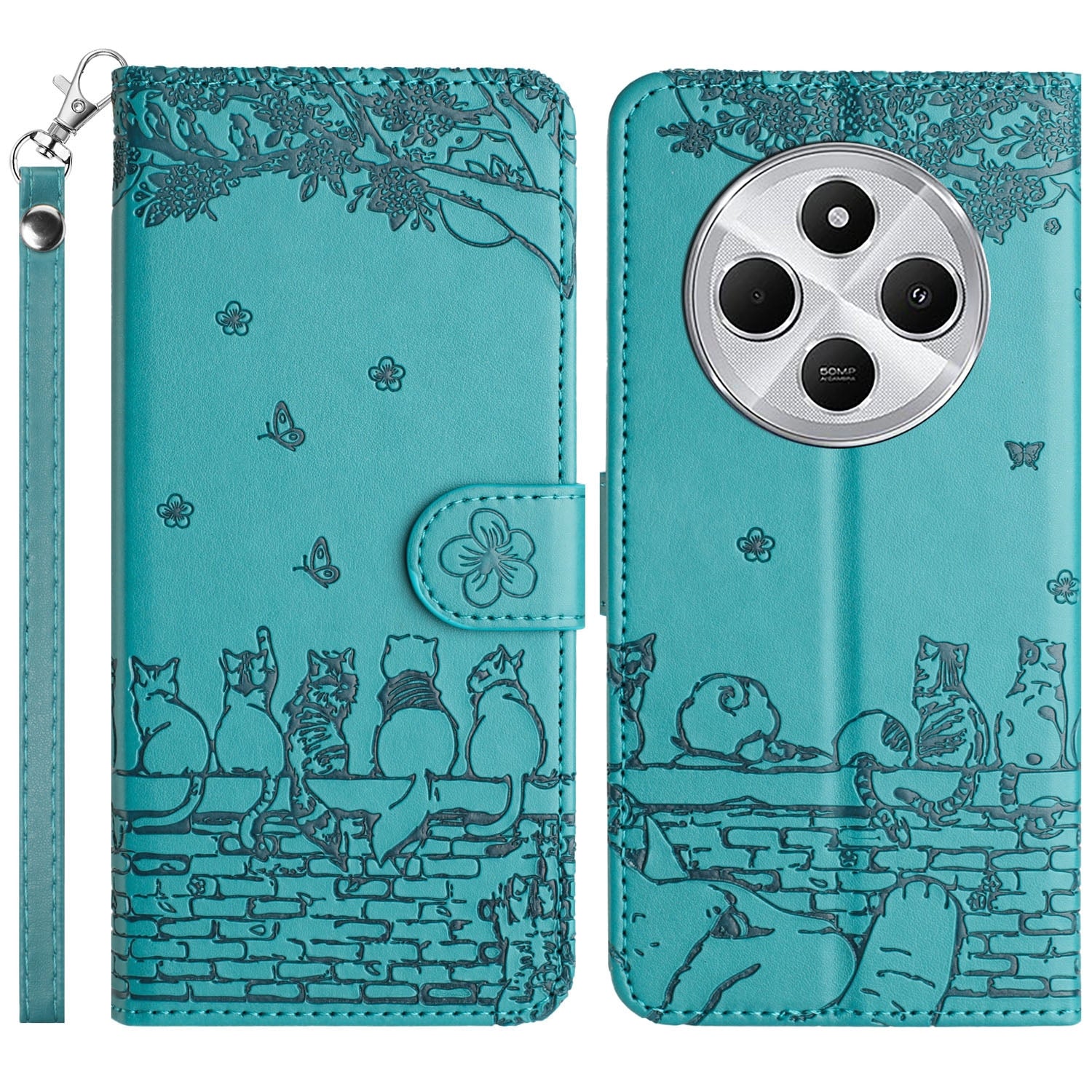 For Redmi 14C 4G Cat Embossing Pattern Leather Phone Case with Lanyard(Blue)