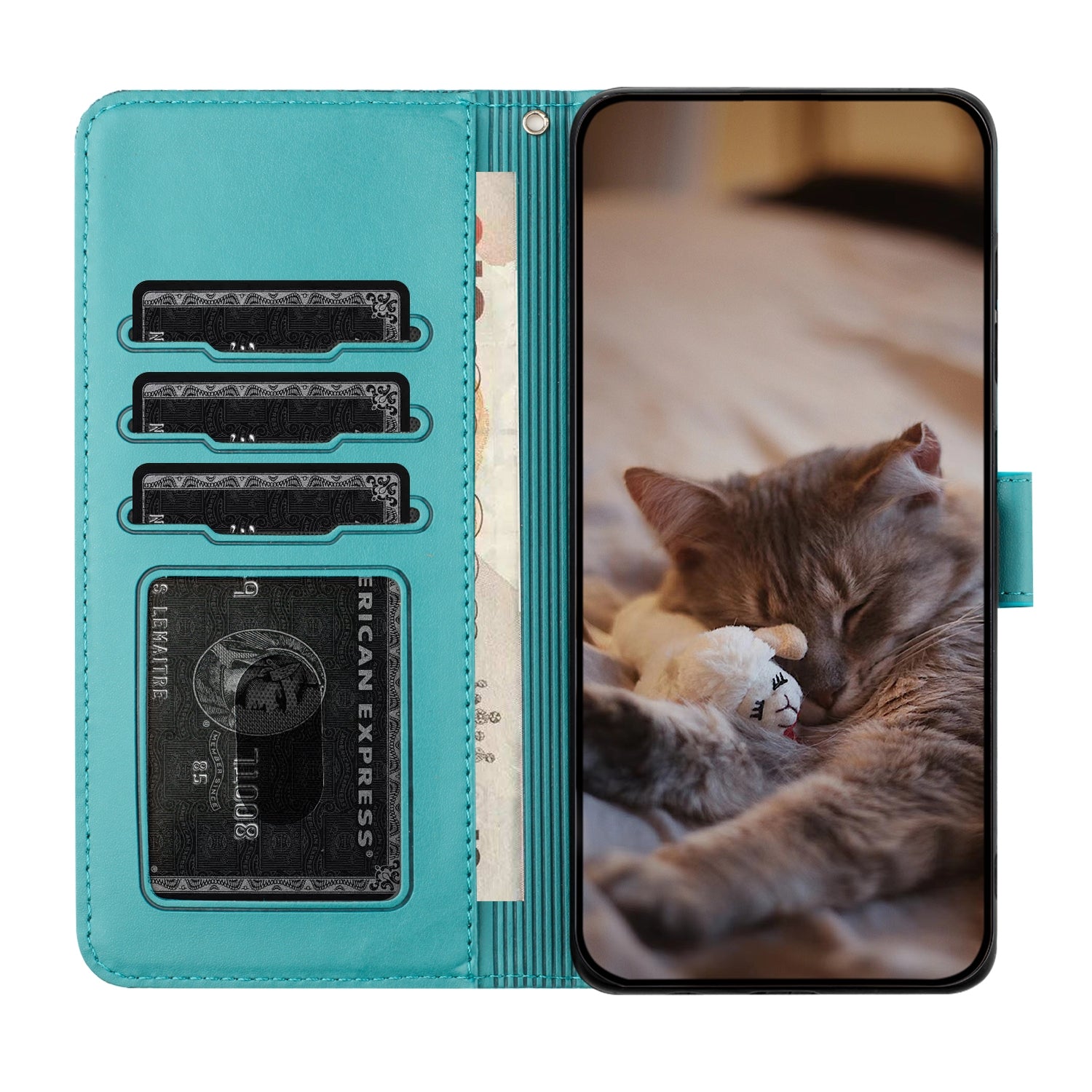 For Redmi 14C 4G Cat Embossing Pattern Leather Phone Case with Lanyard(Blue)