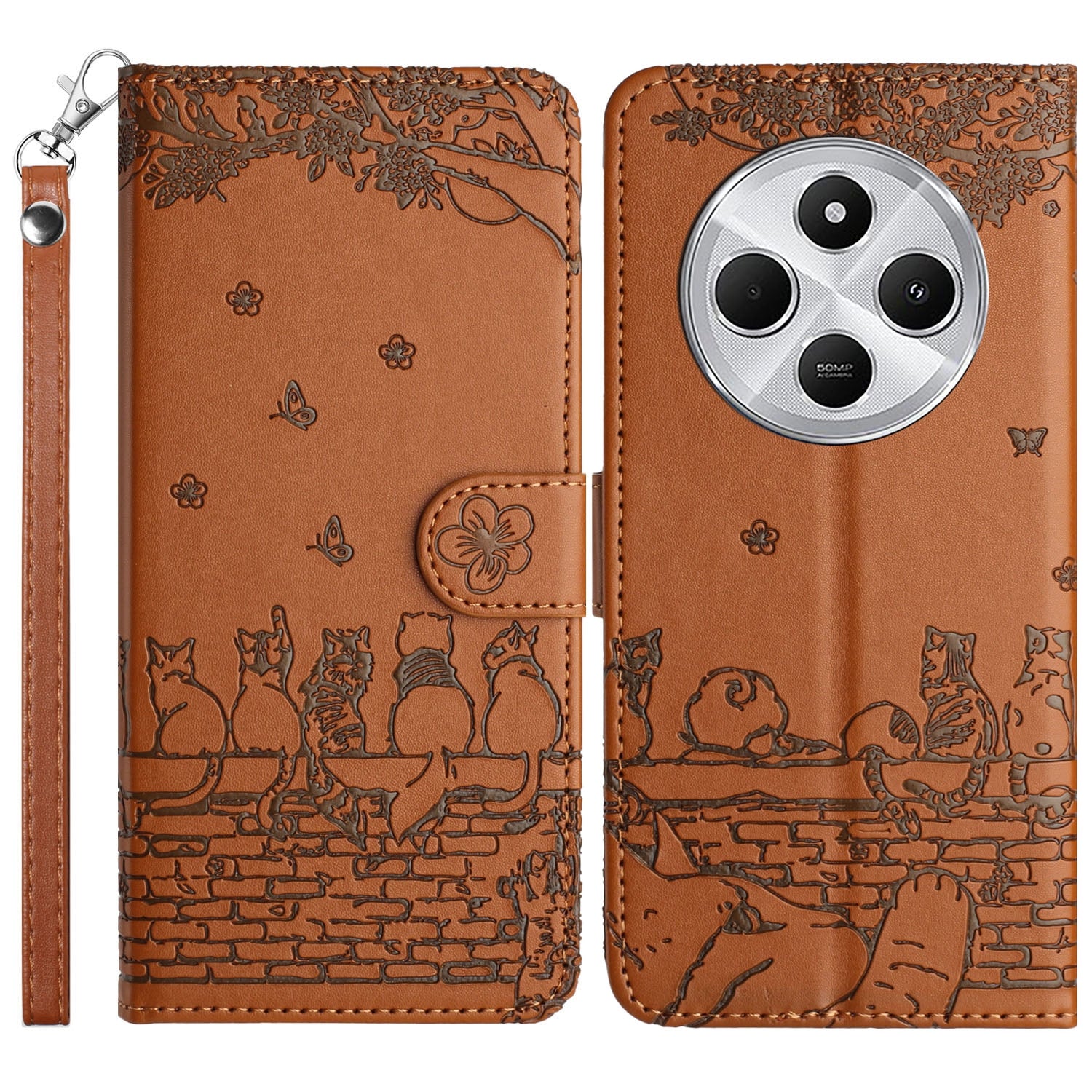 For Redmi 14C 4G Cat Embossing Pattern Leather Phone Case with Lanyard(Brown)